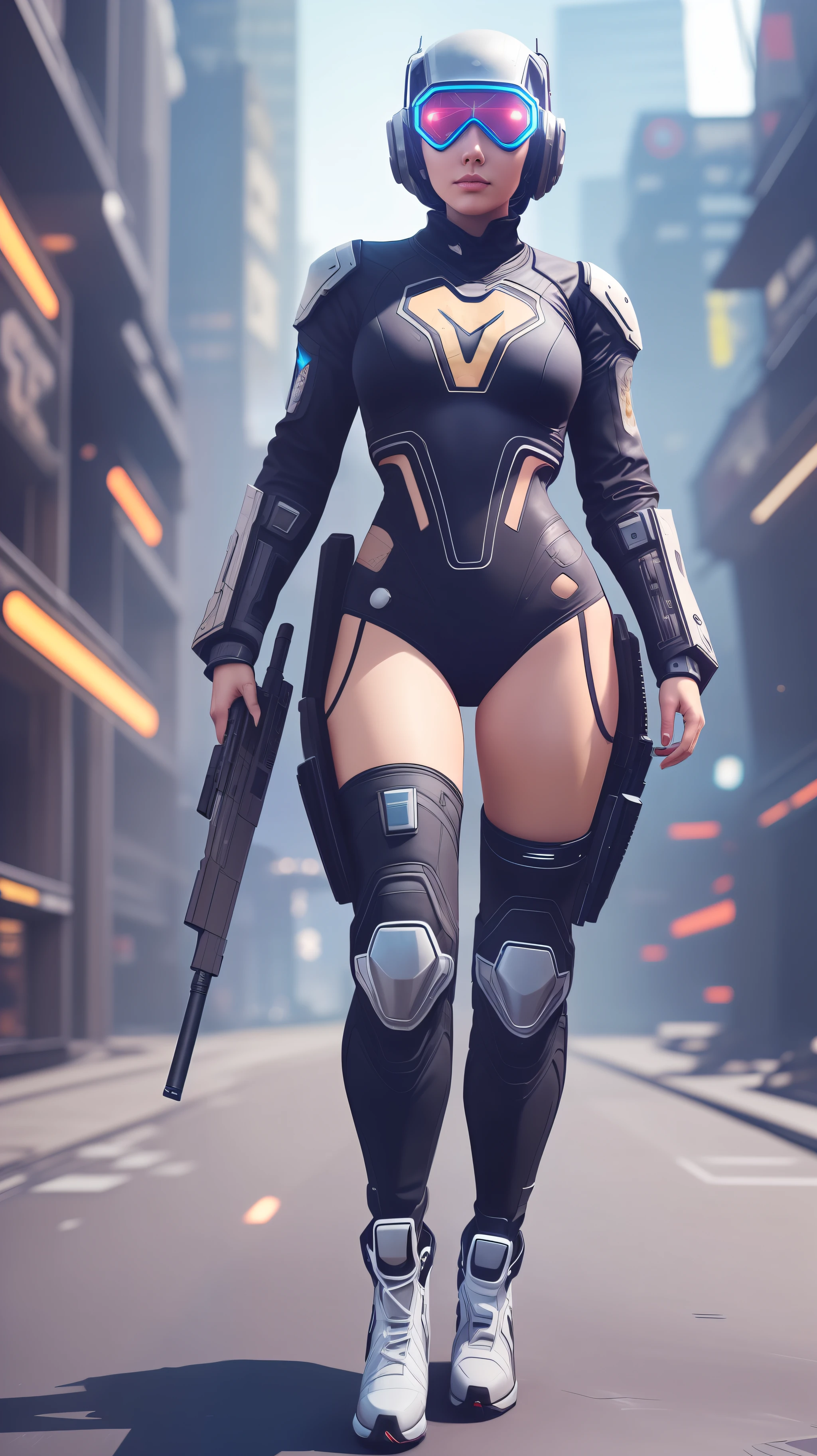 a woman in a futuristic outfit standing with a gun, full body x-force outfit, mechanized soldier girl, sci fi female character, dystopian scifi outfit, sci-fi female, wearing techwear and armor, video game character, futuristic clothing and helmet, cyberpunk 18yo model girl, sci fi futuristic costume, full body female, female cyborg