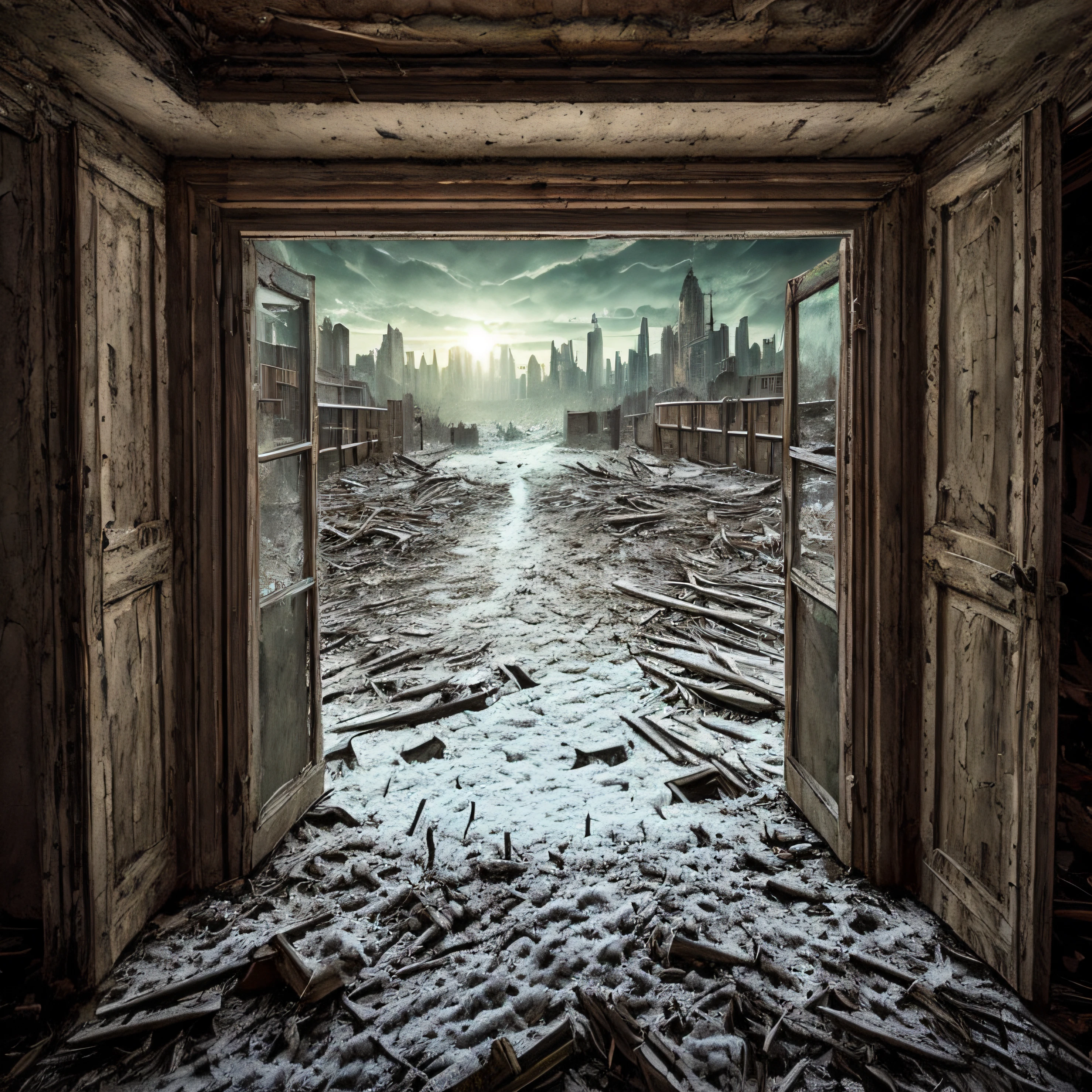 Apocalypse, Epic Reality, (hdr: 1.4), Apocalypse, Frozen, Dilapidated, Abandoned, Cool Colors, Dark Night, Screen Space Refraction, Epic Composition, (Intricate Detail), (Intricate Detail, Ultra Detail: 1.2 ), Art Station, Movie Clips, Vignetting, Complex Backgrounds, Buildings, Snow, (Masterpiece, Best Quality) --v 6