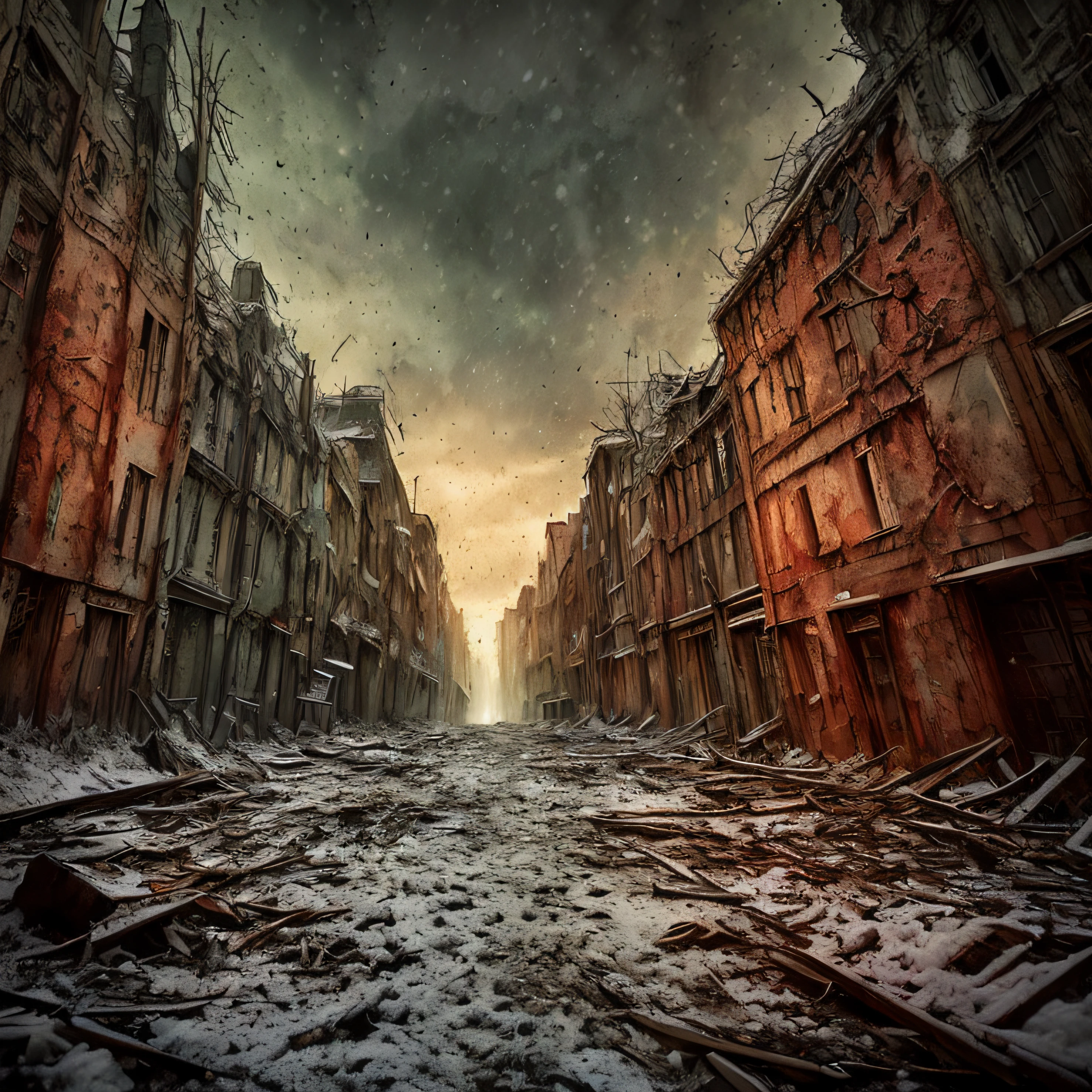 Apocalypse, Epic Reality, (hdr: 1.4), Apocalypse, Frozen, Dilapidated, Abandoned, Cool Colors, Dark Night, Screen Space Refraction, Epic Composition, (Intricate Detail), (Intricate Detail, Ultra Detail: 1.2 ), Art Station, Movie Clips, Vignetting, Complex Backgrounds, Buildings, Snow, (Masterpiece, Best Quality) --v 6