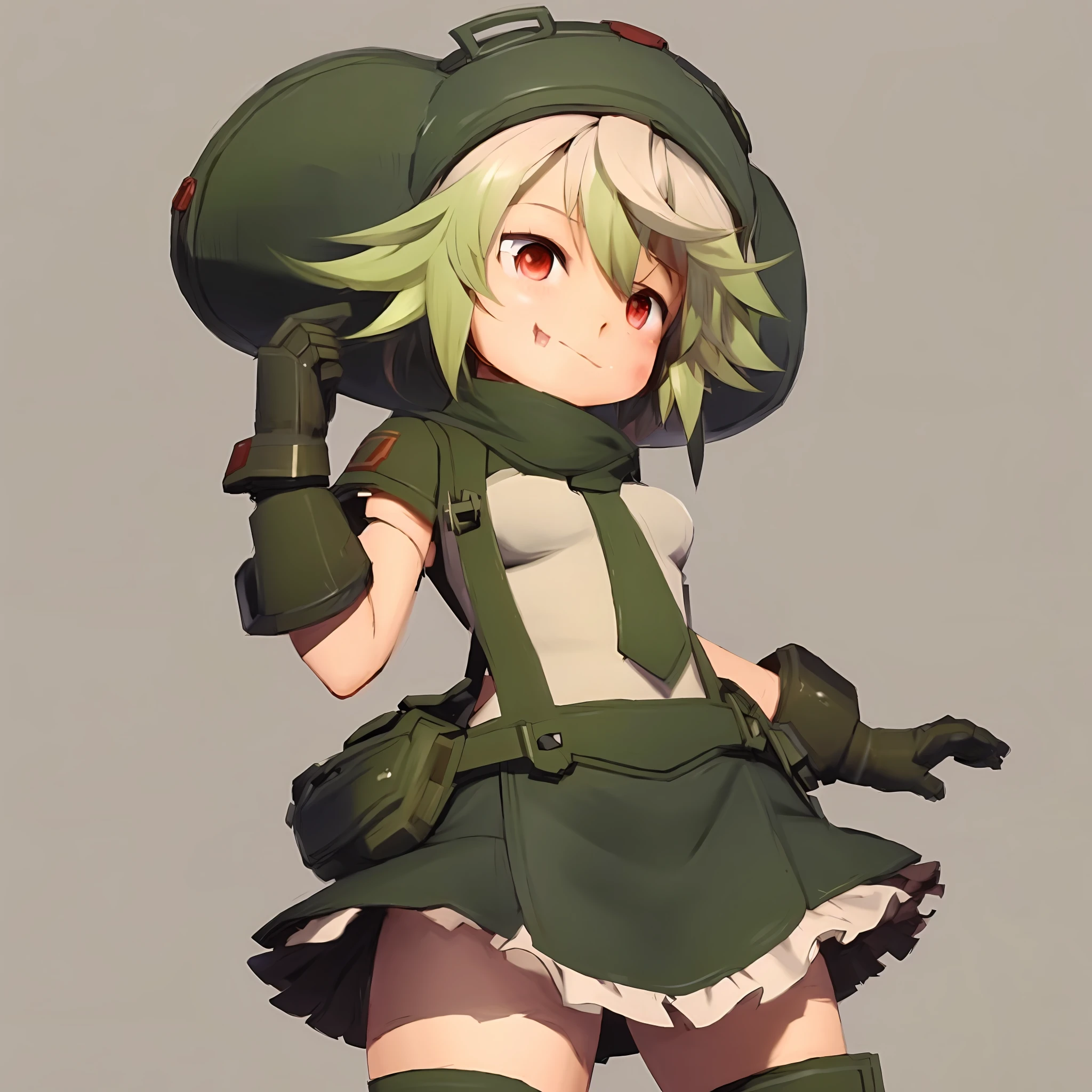 a close up of a person wearing a uniform and holding a hat, cushart kenz, kantai collection style, cushart krenz, wlop and krenz cushart, , heavy green, cushart, guweiz, render of a cute 3d anime girl, stylized anime, small curvy lolichanized soldier girl