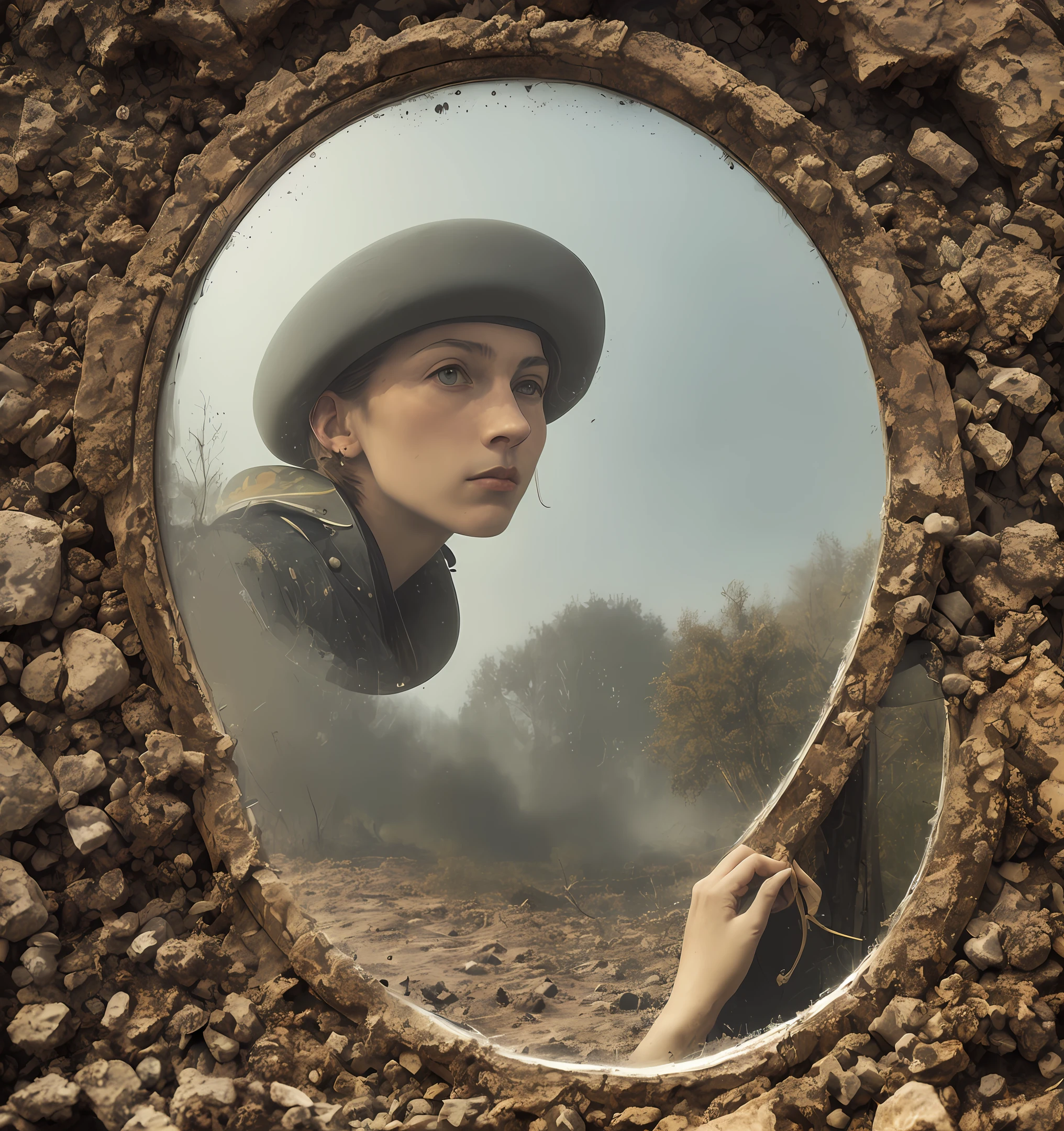 Portrait of an Austro-Hungarian soldier of World War I, muddy, deadlock, fog, rattling breath, desolation, restlessness, anxiety, cannonball impact, sadness, broken mirror, sformatto, asymmetry, warm and cool colors, in the style of Flix Walloton, Paul Delvo, Leonora Carrington, hyper-detailed, intricate, surrealist,