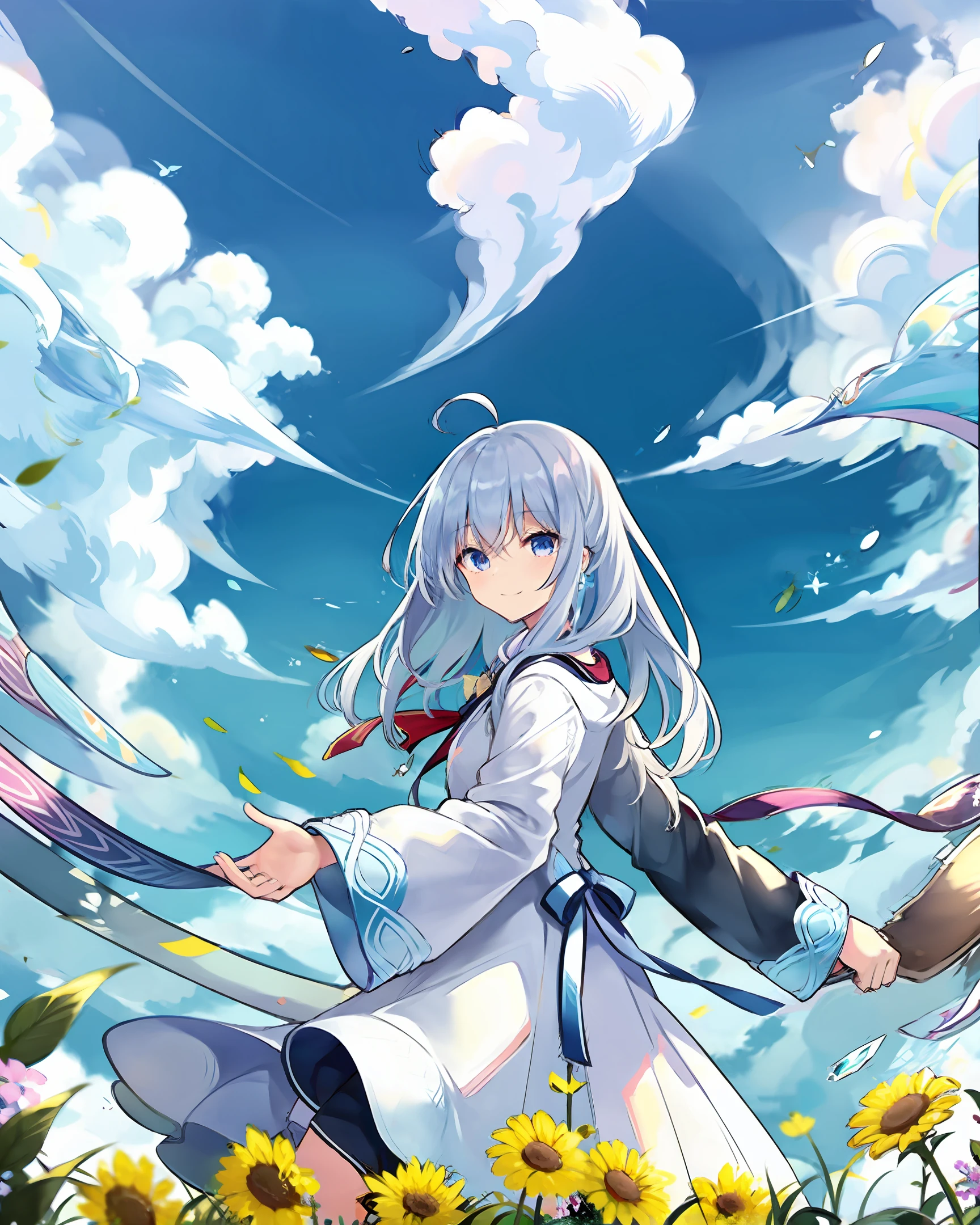 Walnut, Square, blue sky and white clouds, sunny day, scissorhands, crystal bow, smile