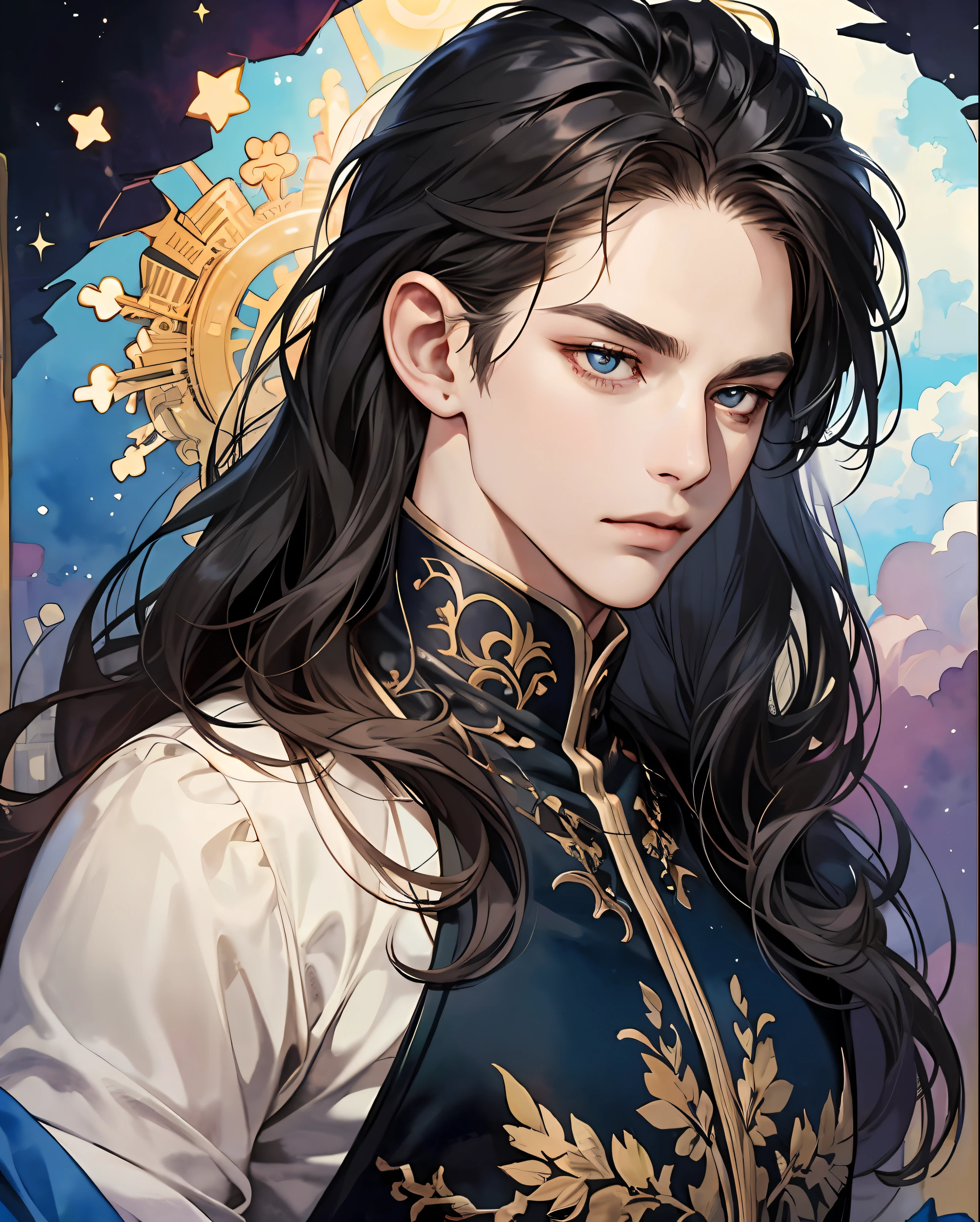 (extremely delicate and beautiful, watercolor (average), official art, beautiful and aesthetic:1.2), (fractal art: 1,3), 8k,(masterpiece:1.0),(best_quality:1.0), 1 man, 1 man, complex details, enlarged textures, complex details, finely detailed eyes and detailed face, intricate details, man with dark and voluminous hair, dark clothes, mysterious and seductive, (closed mouth), piercing and intense eyes, Equal eyes, elegant and noble, magical aura, liquid, cloud, colorful, scales, delicate, (god) confident expression, air of mystery, man