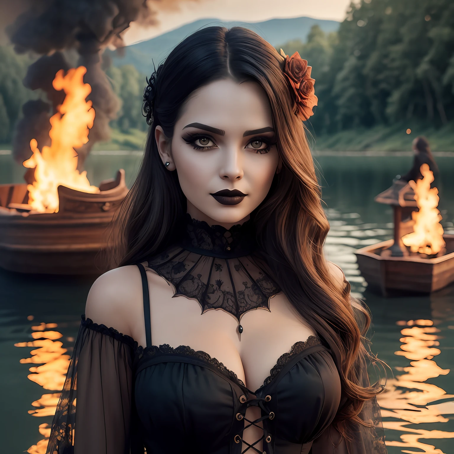 realistic, a photo of a beautiful gothic horror woman in a black lake, beautiful woman, cheerful face, hair ornament, unsettling horror, professional, (Extremely detailed: 1.2), glow effects, goddesses, intricate details, sharp focus, dramatic, photorealistic, tribal village, wooden village, burning forest background, sharp contrast, many colors, large breasts, neckline, princos and cord,  Lipstick and Gothic makeup, Langerie with lace --auto