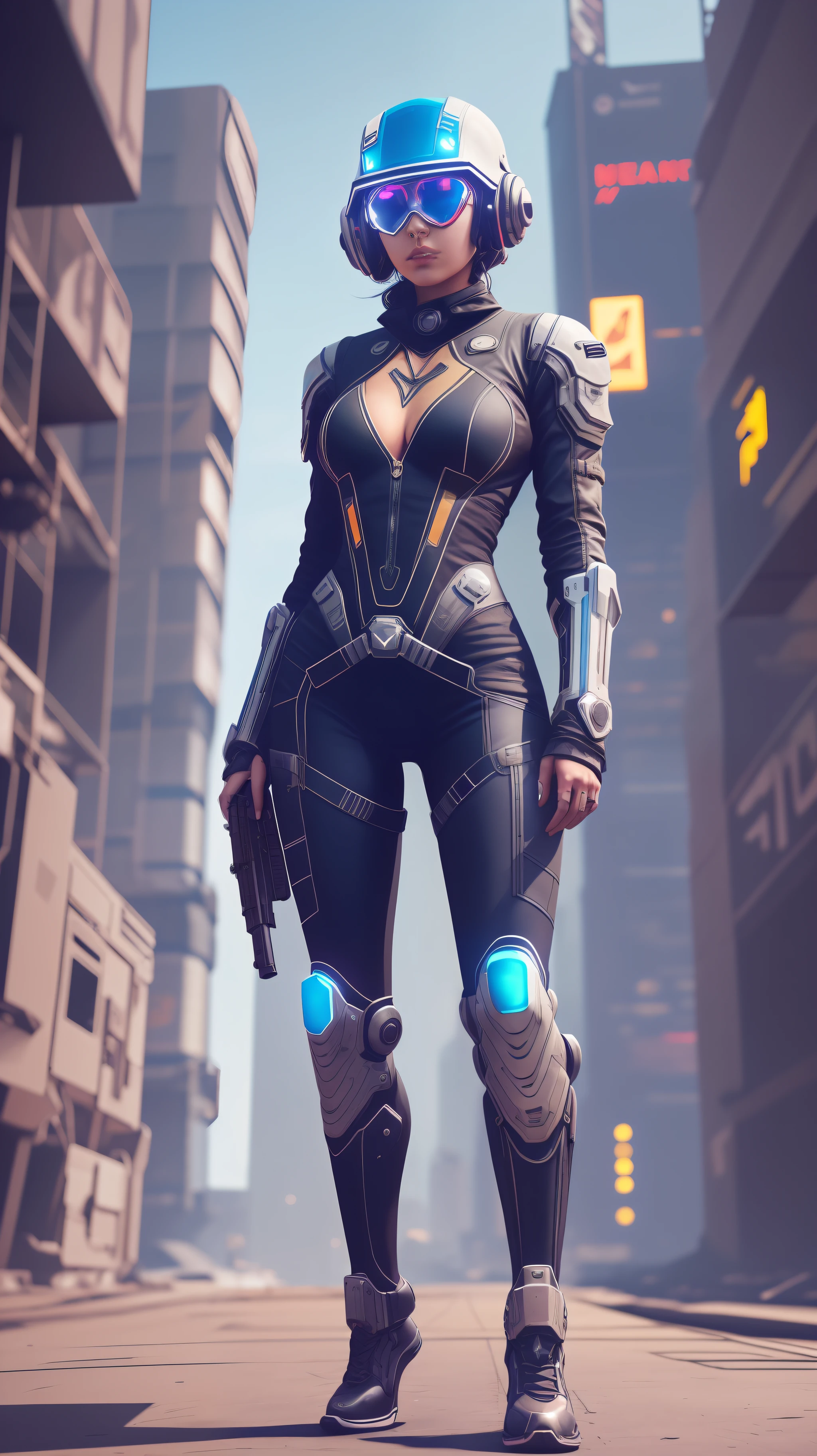 a woman in a futuristic outfit standing with a gun, full body x-force outfit, mechanized soldier girl, sci fi female character, dystopian scifi outfit, sci-fi female, wearing techwear and armor, video game character, futuristic clothing and helmet, cyberpunk 18yo model girl, sci fi futuristic costume, full body female, female cyborg