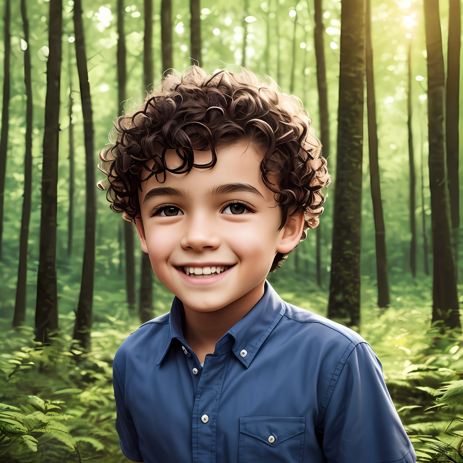 happy boy, brunette, short curly hair, dark eyes, looks 12 years old, in a forest, high detail, Minimalism, Realism, Luminism, UHD, high quality, super detail, high detail, 1080P, HD, 4K, 8k, 16k, premium --auto