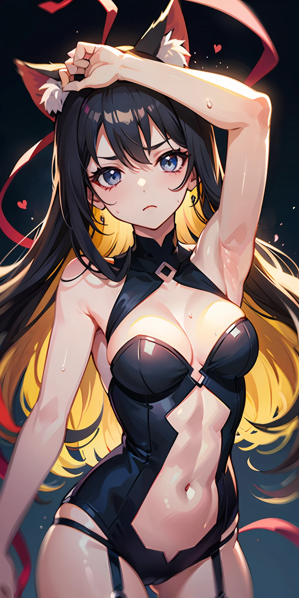 Top quality, 8K)) anime girl with long hair and cat ears, Rin Tosaka, anime moe art style, anime style like Fate/stay night, anime girl with long hair, very cute anime girl face, nightcore, from girl frontline, cute anime girl portrait, anime girl with cat ears, high quality anime art style, Beautiful anime woman red ribbon in hair gorgeous lingerie beautiful wakimi beautiful abs sweat armpit sweat arm up angry drenched