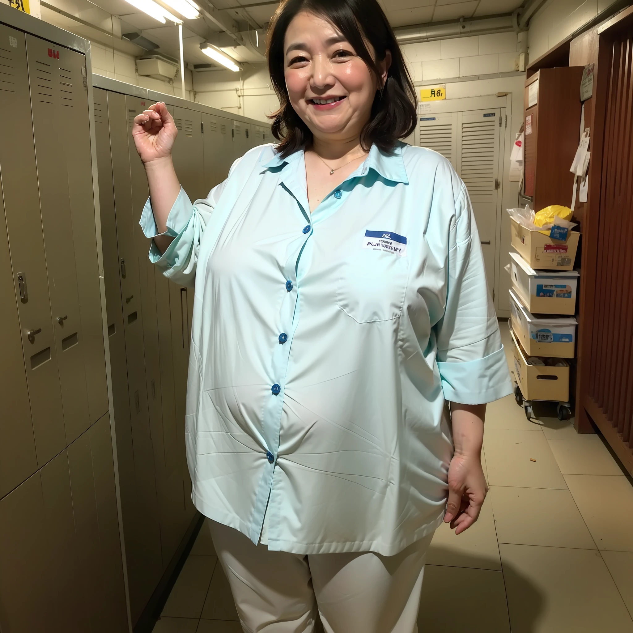 ((Top Quality, 8K, Masterpiece: 1.3)), Photorealistic, Sharp Focus, High Quality, High Resolution, ((Portrait, Solo, Japan Person, Middle Aged Woman, Beauty, 45 years old, Plump:1.3)), Hair Tying, Wrinkles at the corners of the eyes, (Dirty public toilet: 1.5), factory, she is a worker and wearing white work clothes, smiling, friendly face, chubby, auntie, Lots of containers and lockers, full body photos