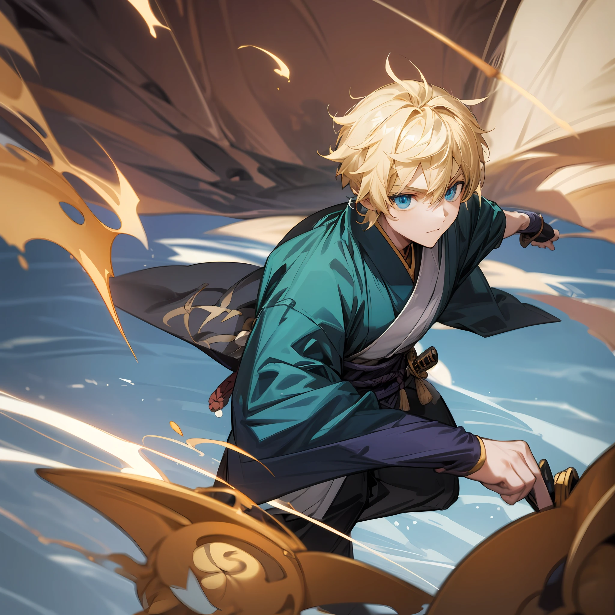 A blond boy, blue eyes, thin, blue traditional Japanese dress, with a katana, short hair, between a wind current, anime style, 2d, genshin impact style, anemo, high quality, manga --auto