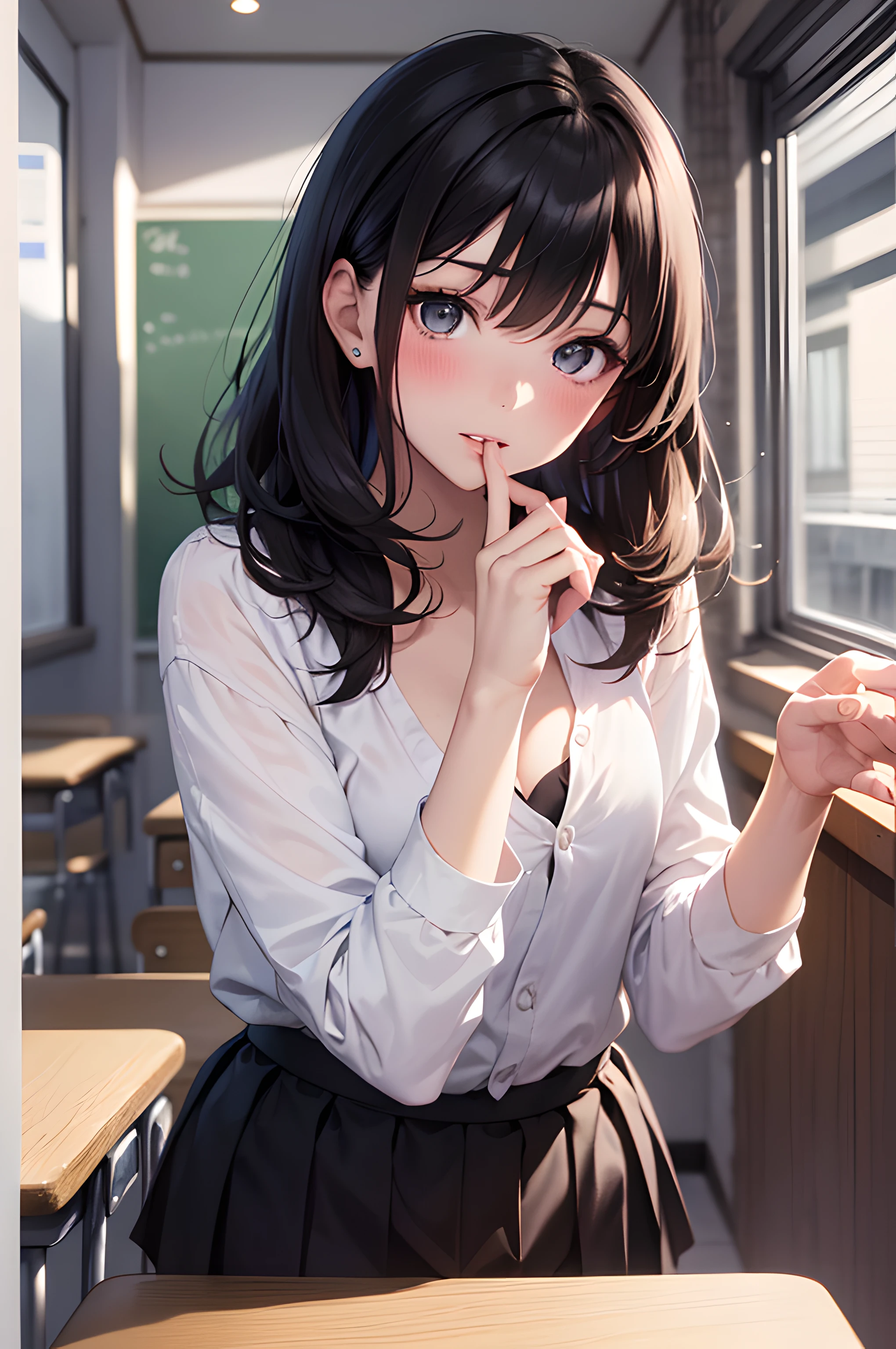 (masterpiece), (portrait), (aesthetic), (beautiful), (upper blody), (high quality), (aesthetic clothings), (professional angle), (rule of thirds), (Feminine), (woman), (female), (beautiful),(feminine features), (21 years), solo, 1 woman, (attractive Japanese), Spring, (-), (Afternoon), (Soft Lighting light), ((Blushing while receiving a Compliment from a Crush)), (Hands on Cheeks Hands), ((Looking Down Face)), ((Flushed)), (Natural Make-up), (Any Bust), (-), ((Medium Hair)), (Black Hair), (Straight Hair), (Down hair), (- in Hair), (Slightly Open Eyes), (Black Eyes), (Shy Look), Fair skin, (- Clothing), (Casual), (-), (Skirt ), (V-Neck Neckline), ((School Classroom background)), (Medium Shot Shot), beautiful hands, two hands, normal hands, two arms, complete hands, beautiful body, beautiful fingers, normal fingers, five fingers, five fingers, beautiful ears, normal ears, beautiful eyes, shiny eyes, beautiful mouth, beautiful lips,