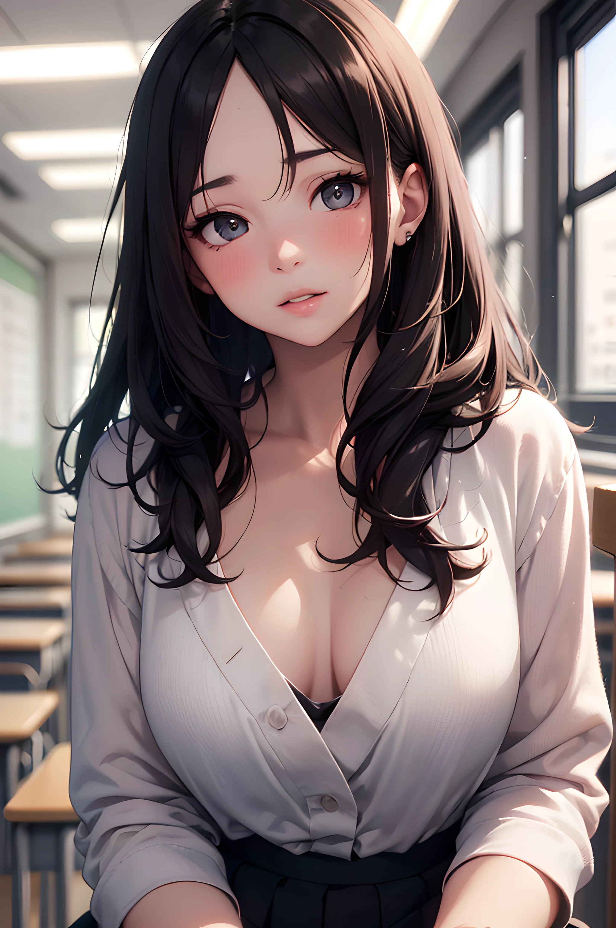 (masterpiece), (portrait), (aesthetic), (beautiful), (upper blody), (high quality), (aesthetic clothings), (professional angle), (rule of thirds), (Feminine), (woman), (female), (beautiful),(feminine features), (21 years), solo, 1 woman, (attractive Japanese), Spring, (-), (Afternoon), (Soft Lighting light), ((Blushing while receiving a Compliment from a Crush)), (Hands on Cheeks Hands), ((Looking Down Face)), ((Flushed)), (Natural Make-up), (Any Bust), (-), ((Medium Hair)), (Black Hair), (Straight Hair), (Down hair), (- in Hair), (Slightly Open Eyes), (Black Eyes), (Shy Look), Fair skin, (- Clothing), (Casual), (-), (Skirt ), (V-Neck Neckline), ((School Classroom background)), (Medium Shot Shot), beautiful hands, two hands, normal hands, two arms, complete hands, beautiful body, beautiful fingers, normal fingers, five fingers, five fingers, beautiful ears, normal ears, beautiful eyes, shiny eyes, beautiful mouth, beautiful lips,