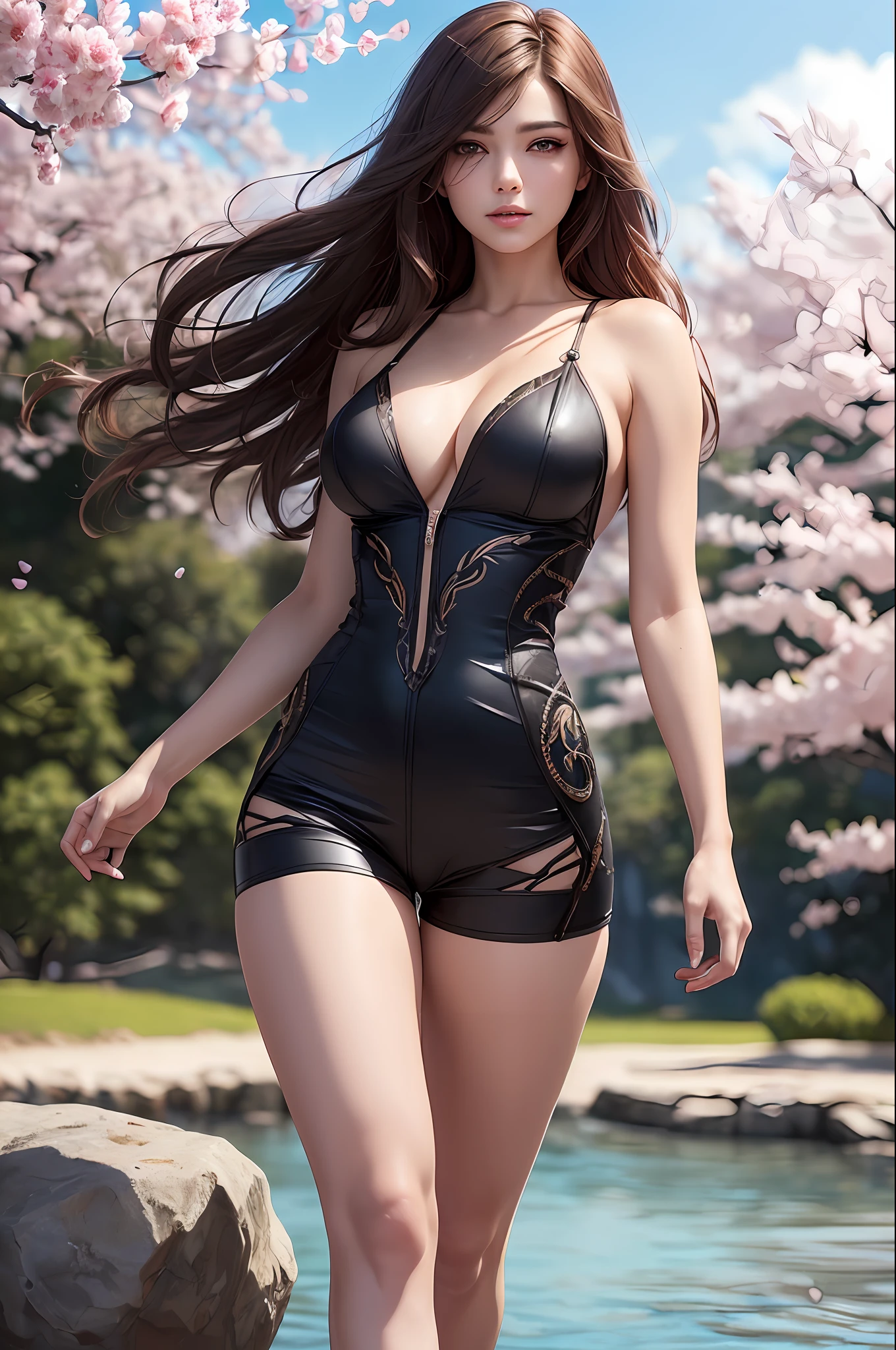 high quality fingers, normal hands, detailed fingers, masterpiece, (realistic, photo-realistic: 1.37), (22-year-old woman), katarina from League of Legends, medium chest, small waist, dark red hair, blue eyes, beautiful face, perfect lighting, beautiful detailed eyes, looking at the viewer, incredibly beautiful woman, detailed hairstyle, detailed background, shorts, detailed fantasy background, (sweat: 1)(best quality),  oriental detailed background, (masterpiece), (best quality), girl, ((ultra-detailed)), (highly detailed CG illustration), (no expression), (best quality: 1.2), masterpiece, realistic8K UHD, high definition, (1girl: 1.2), high quality texture, intricate details, detailed texture, finely detailed, high detail, extremely detailed cg, high quality shadow, a realistic representation of the face, beautiful detailed delicate face, detailed beautiful delicate eyes,  a face of perfect proportion, depth of field, cinematic light, lens flare, ray tracing, perspective, hyper breasts: 1.9), (sagging breasts: 1.6), (high_quality), [nsfw], distinct_image, high_resolution, (full body: 1.4), [[dynamic angle]], dynamic pose, (lustrous skin), solo focus, (pubic hair), (finely detailed beautiful eyes and detailed face: 1.4), arm behind the back, (detailed face),  (striated hair), light source contrast, lens flare, buzzcut, hair_over_one_eye, wilted look, long hair, pa, masterpiece: 1.7, (high_quality dress and innerware), solo focus,[[colored_innerwear]], (full body: 1.3), [[dynamic angle]], dynamic pose, (pubic hair), (finely detailed beautiful eyes and detailed face: 1.2), beautiful, beautiful detailed eyes, (striated hair), hair_over_one_eye:1.1,  (detailed background) , wide shot, pastel, a girl, forest, spring \ (season\), cherry blossoms, wind, leaf, river, stone, brightness, bright ,