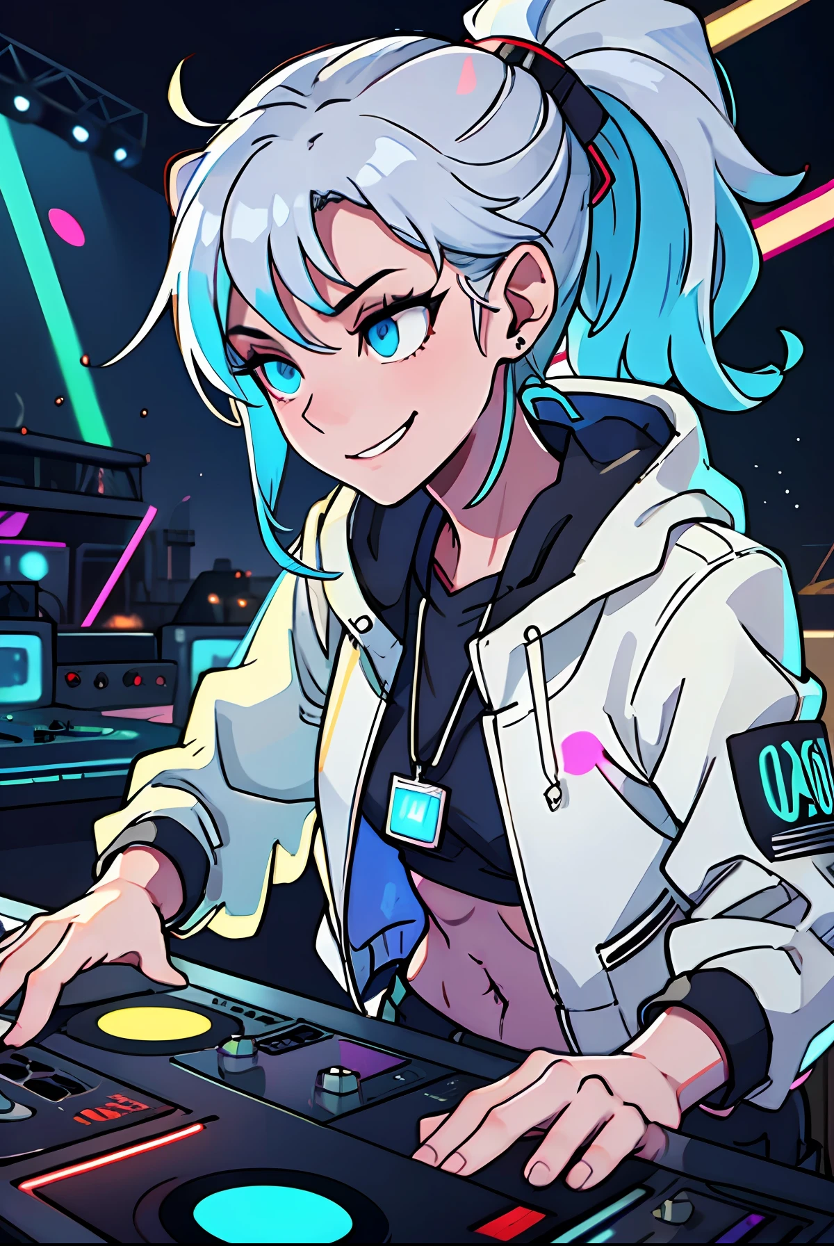 tomboy woman DJing on turntables on stage at EDM festival, EDM event lighting effects, on stage in front of crowd, big futuristic screens, neon room, (white cropped jacket:1.1), glowing blue eyes, (white hair:1.1), (cyan streaks dyed in hair:1.1), high ponytail, (cocky smirk:1.2), (abs:1.0), rave lights, (lasers in background:1.2), glowing light strips on clothes, slim build, wearing neon dog tags