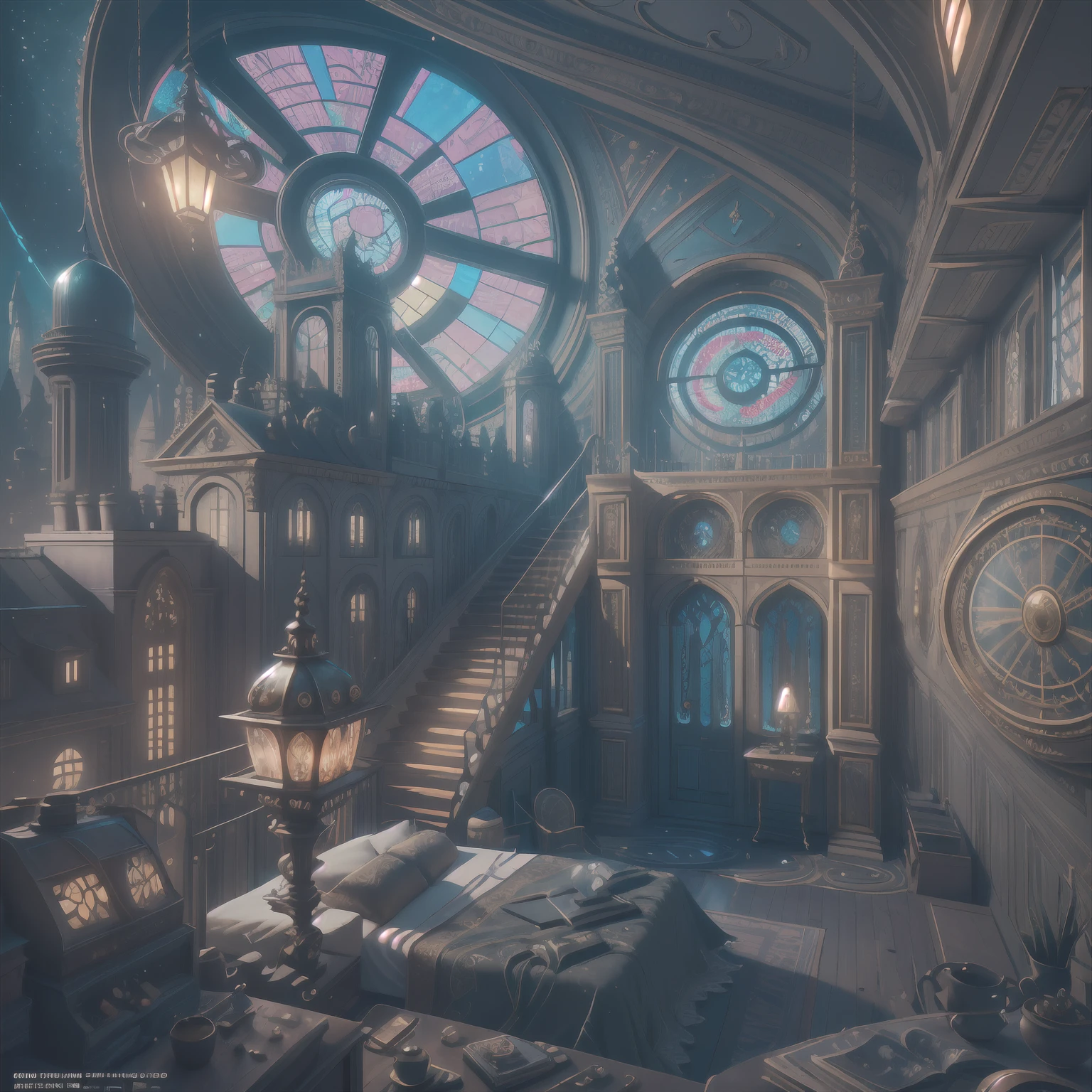 (((Generate an ornate bedroom in the style of Versailles with a big historical window.))) A hyperrealistic cyberpunk dreamscape cityscape is in the window. The cityscape is extremely detailed with many lights and LED neon colors and buildings of many different sizes. The cityscape has all colors of the rainbow and has hires interesting flying steampunk dirigibles. A giant steampunk standalone clock is seen ((through the window)). It is peaceful in the bedroom. The entire artwork is very realistic with many small details and enhancements. 3D render beeple, artstation and beeple highly, in fantasy sci-fi city, inspired by beeple, 8k, unreal engine unity CGI. Masterpiece and popular. Add many fantastical and beautiful details and nuances.