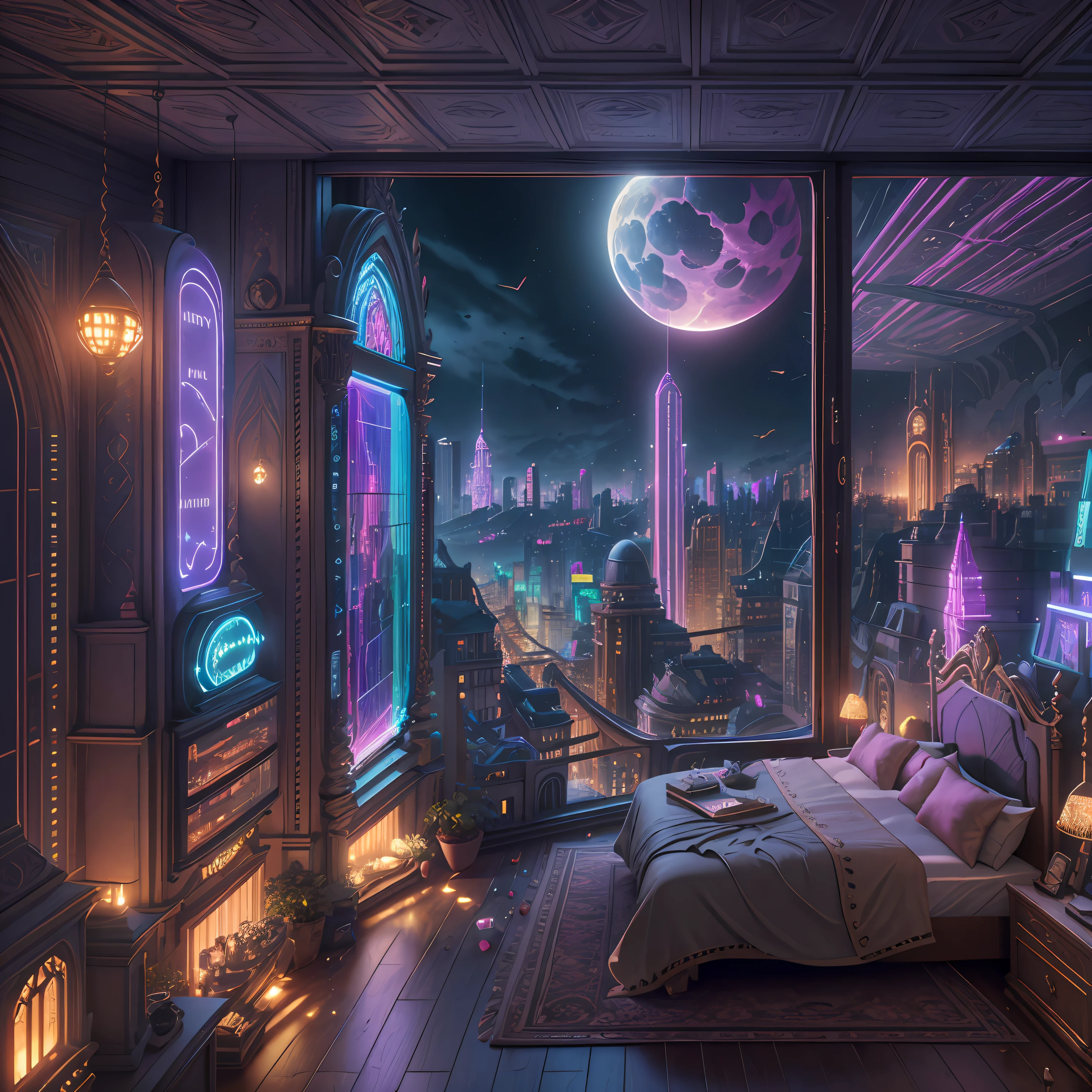 (((Generate an ornate bedroom in the style of Versailles with a big historical window.))) A hyperrealistic cyberpunk dreamscape cityscape is in the window. The cityscape is extremely detailed with many lights and LED neon colors and buildings of many different sizes. The cityscape has all colors of the rainbow and has hires interesting flying steampunk dirigibles. A giant steampunk standalone clock is seen ((through the window)). It is peaceful in the bedroom. The entire artwork is very realistic with many small details and enhancements. 3D render beeple, artstation and beeple highly, in fantasy sci-fi city, inspired by beeple, 8k, unreal engine unity CGI. Masterpiece and popular. Add many fantastical and beautiful details and nuances.