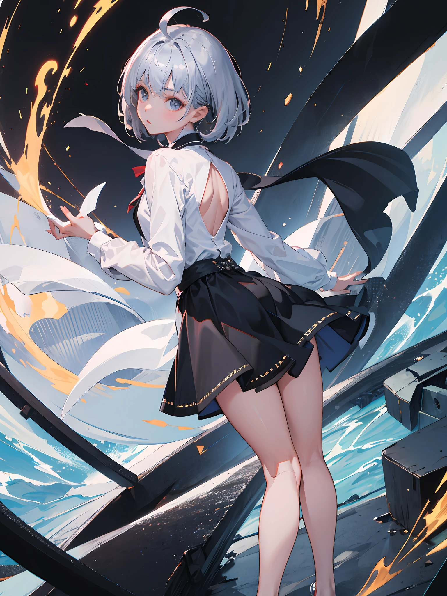 (Masterpiece, Best Quality), (1 Girl), (Solo), (Female Focus), (Ahoge, Gray Hair, Short Hair), Black Eyes, (White Shirt), (Black Skirt), (Black Skirt), Standing, White Background, Back Arms (8k, RAW photo, best quality, extremely detailed CG unity 8k wallpaper,masterpiece:1.2) , a girl, anime style, ultra beautiful detailed eyes, Precise iris depiction
,ultra-detailed face, complex, beautiful lake and forest