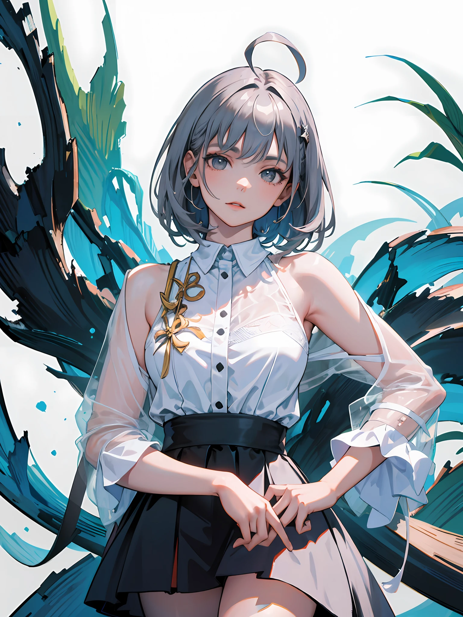 (Masterpiece, Best Quality), (1 Girl), (Solo), (Female Focus), (Ahoge, Gray Hair, Short Hair), Black Eyes, (White Shirt), (Black Skirt), (Black Skirt), Standing, White Background, Back Arms (8k, RAW photo, best quality, extremely detailed CG unity 8k wallpaper,masterpiece:1.2) , a girl, anime style, ultra beautiful detailed eyes, Precise iris depiction
,ultra-detailed face, complex, beautiful lake and forest