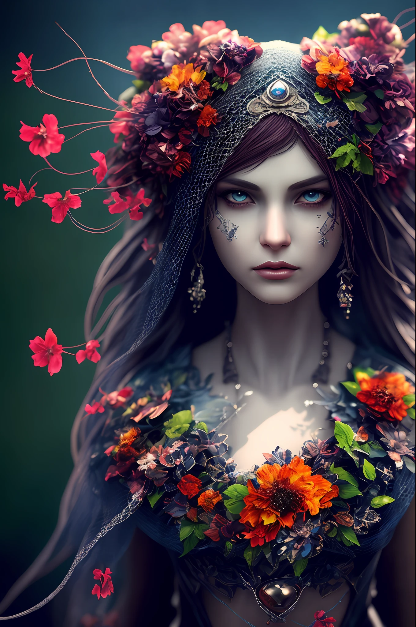 Imagine that the skin of this creature girl looks like it was made of a fishing net, with leaves and flowers growing on her body. Digital Epic Fantasy, Symmetrical Concept Art, Sinister Fantasy Illustration, Symmetrical Epic Fantasy Art, Epic Fantasy Science Fiction Illustration, Epic Fantasy Art Style, Epic Anime Art, Symmetrical Fantasy RPG Portrait, Anton Fadeev and Dan Mumford, (Masterpiece, Top Quality, Best Quality, Official Art, Beauty and Aesthetics: 1.2), Extreme Detail, (Fractal Art: 1.3), Colorful, Most Detailed, Full Body Pose, Cute Surrealist Photo, 8 K, Octane Beautifully Rendered, Very detailed, intricate, epic composition, cinematic lighting, masterpiece, art station trend, very, very detailed, stunning, HDR, smooth, sharp focus, high resolution, award-winning, award-winning photo, DSLR, 5 0 mm