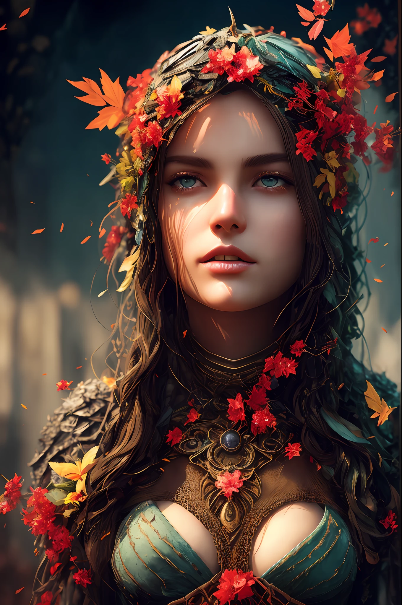 Imagine that the skin of this creature girl looks like it was made of a fishing net, with leaves and flowers growing on her body. Digital Epic Fantasy, Symmetrical Concept Art, Sinister Fantasy Illustration, Symmetrical Epic Fantasy Art, Epic Fantasy Science Fiction Illustration, Epic Fantasy Art Style, Epic Anime Art, Symmetrical Fantasy RPG Portrait, Anton Fadeev and Dan Mumford, (Masterpiece, Top Quality, Best Quality, Official Art, Beauty and Aesthetics: 1.2), Extreme Detail, (Fractal Art: 1.3), Colorful, Most Detailed, Full Body Pose, Cute Surrealist Photo, 8 K, Octane Beautifully Rendered, Very detailed, intricate, epic composition, cinematic lighting, masterpiece, art station trend, very, very detailed, stunning, HDR, smooth, sharp focus, high resolution, award-winning, award-winning photo, DSLR, 5 0 mm