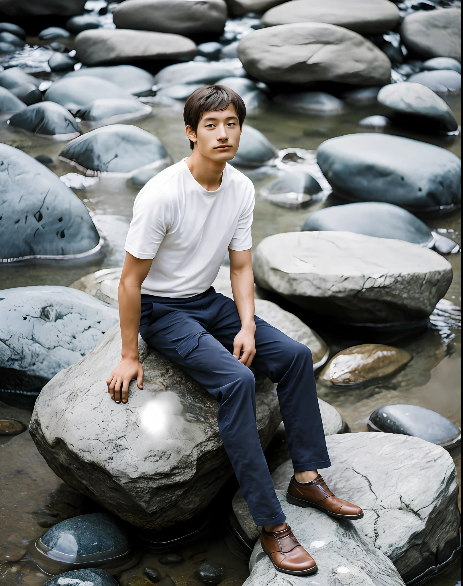 A man sitting on a rock with a , facing the camera
