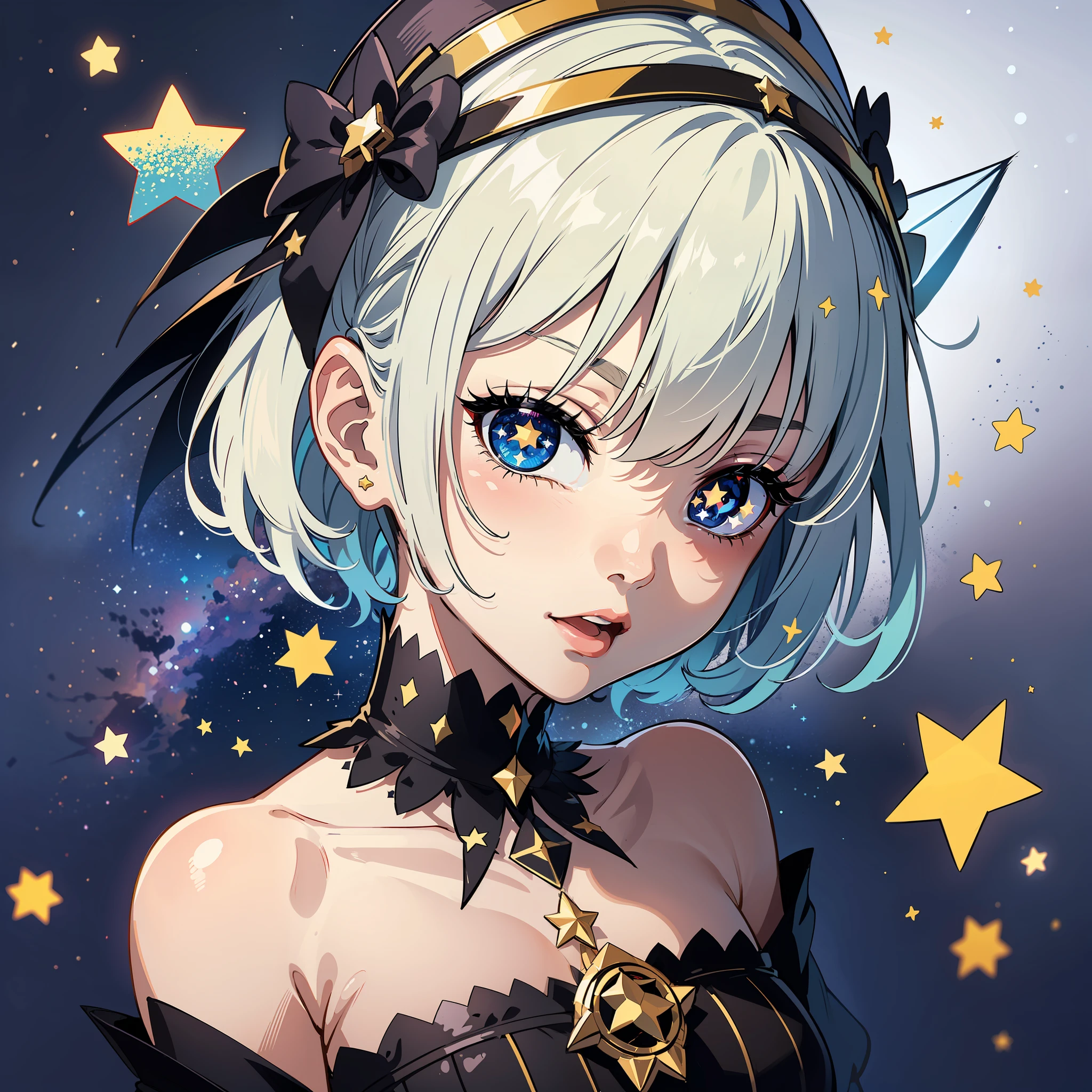 A cute girl with short white hair with bangs, ((star-shaped pupils:1.4)), pupils in symbol shapes, pupils with symbols, extremely sinister gothic backdrop, as in a Paramount Studios horror movie--Niji:5 --s2