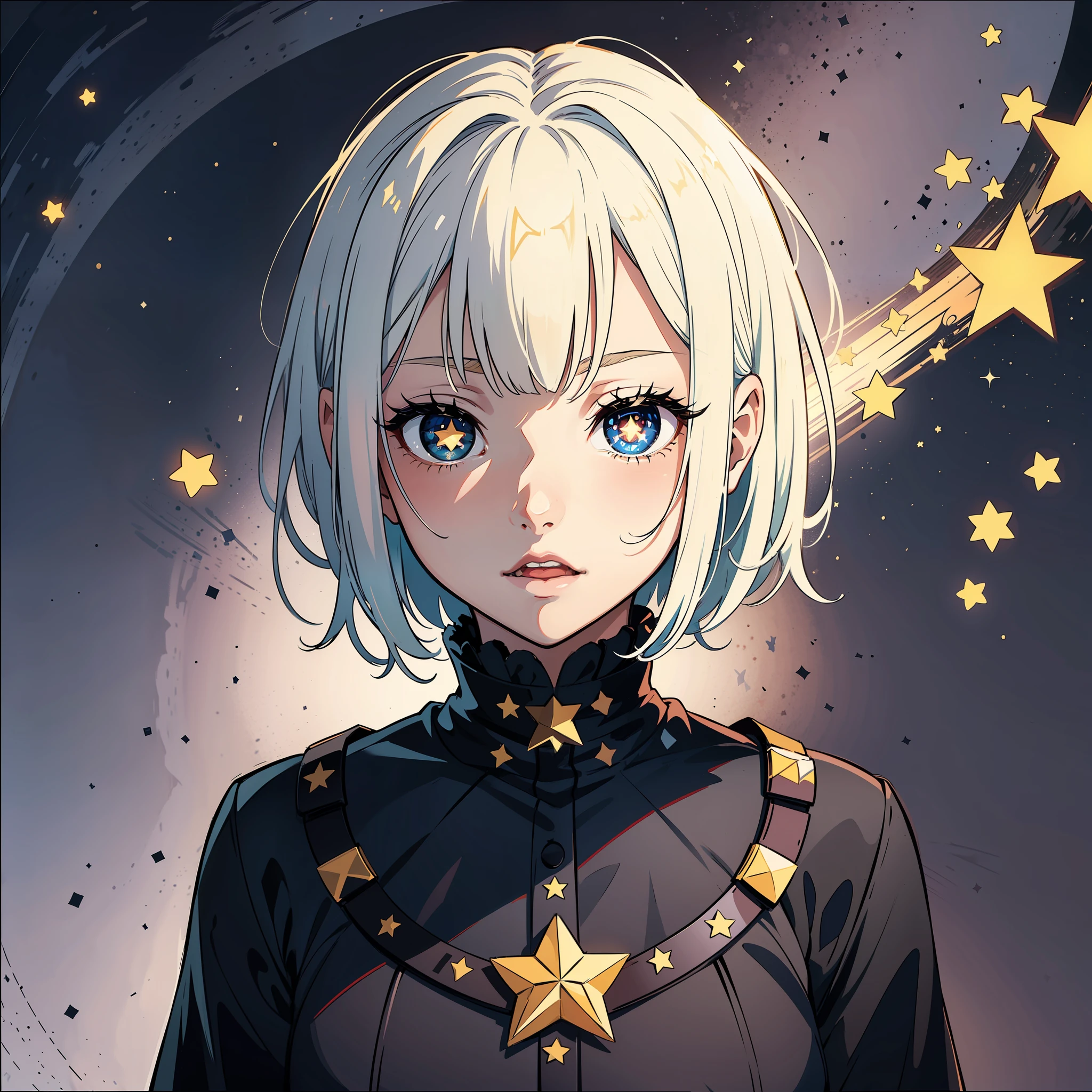 A cute girl with short white hair with bangs, ((star-shaped pupils:1.4)), pupils in symbol shapes, pupils with symbols, extremely sinister gothic backdrop, as in a Paramount Studios horror movie--Niji:5 --s2