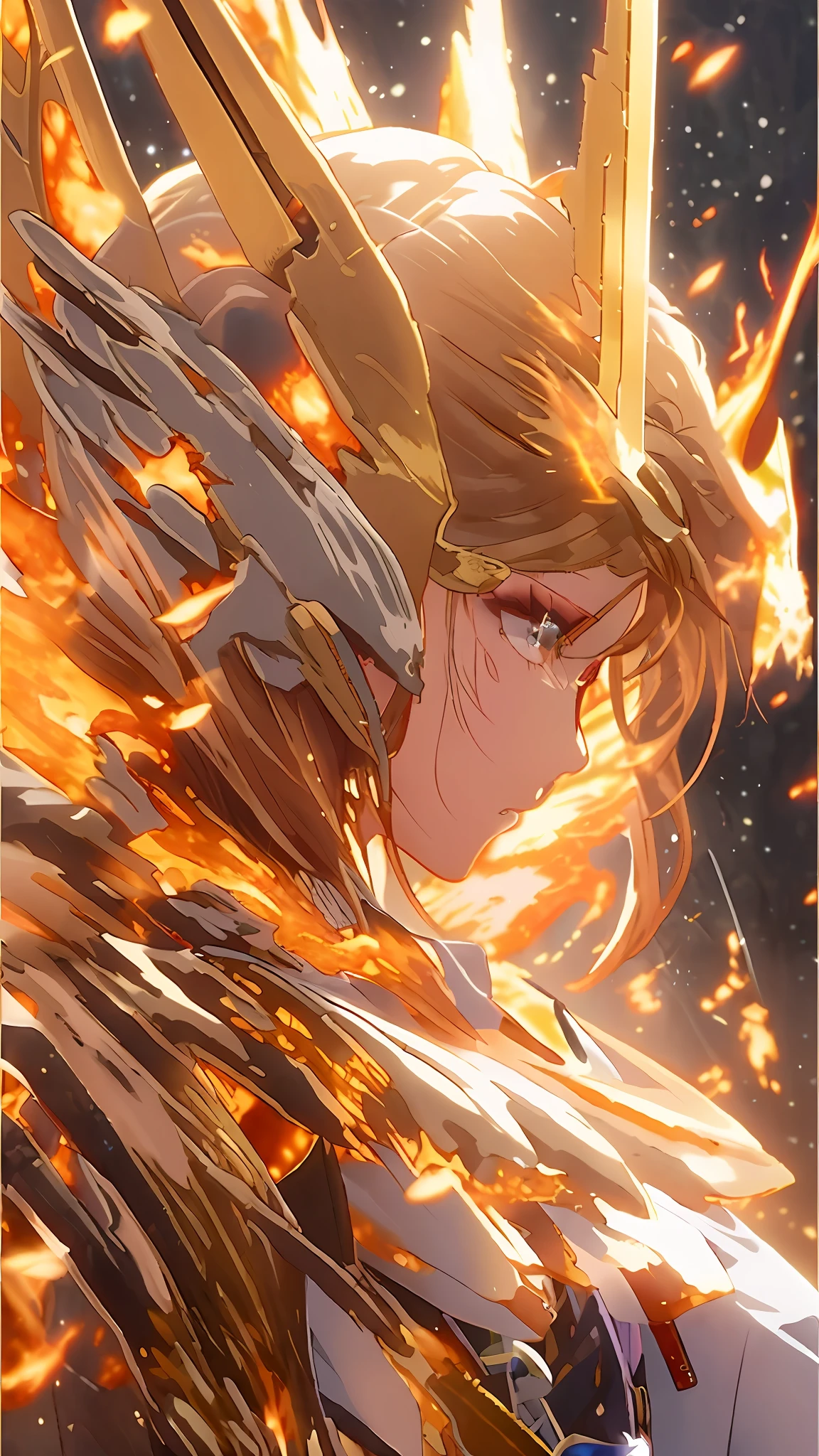 a close up of a woman with a sword and armor on, detailed key anime art, with fiery golden wings of flame, detailed anime art, detailed anime artwork, wreathed in flame, detailed digital anime art, with fiery golden wings, hd anime wallaper, flames surround her, epic light novel art cover, anime wallaper, high definition anime art