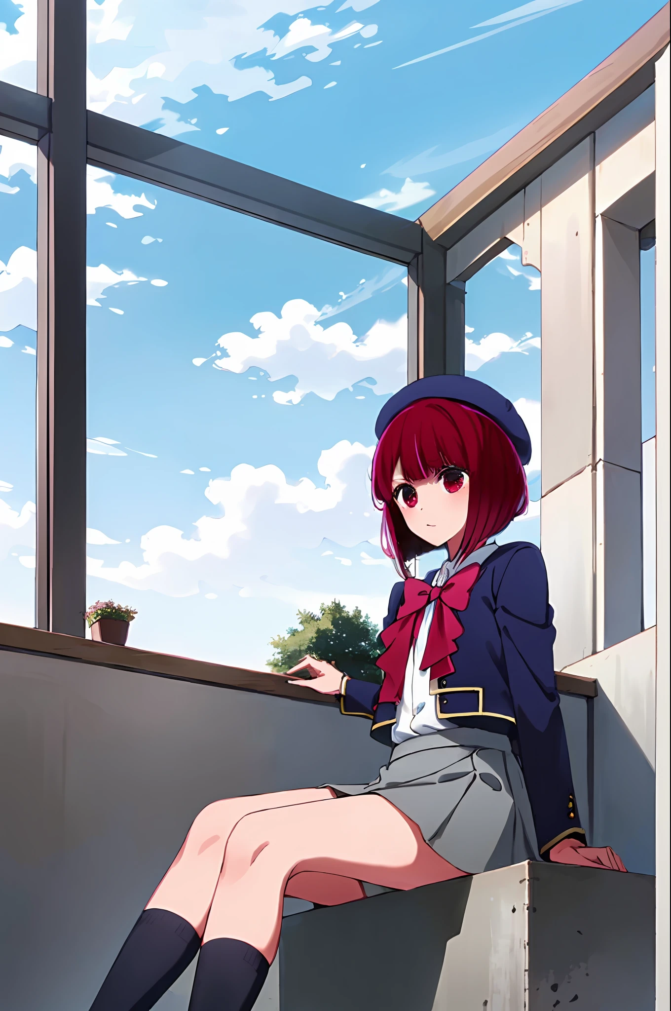 masterpiece, high quality, 8k, beautiful lighting, kanaarima, blue hat, hat, bow, pink bowtie, school uniform, blue jacket, jacket, skirt, grey skirt, 1girl, solo, shirt, white shirt, feet, black socks, sitting, classroom,( view from below:1)