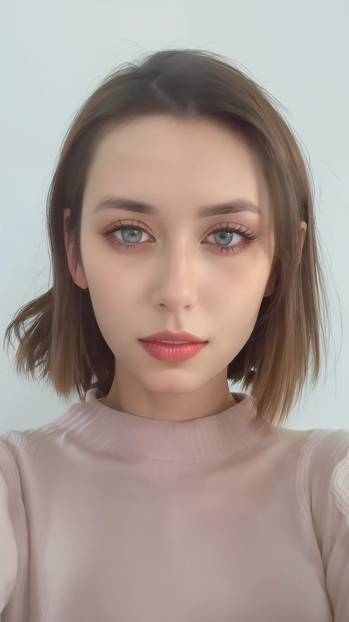 arafed woman with a pink sweater and a white background, aleksandra waliszewska, blue symmetric eyes 24yo, without makeup, magdalena radziej, looking directly at the camera, looking straight to camera, front portrait, 30-year-old french woman, frontal picture, selfie of a young woman, full face portrait