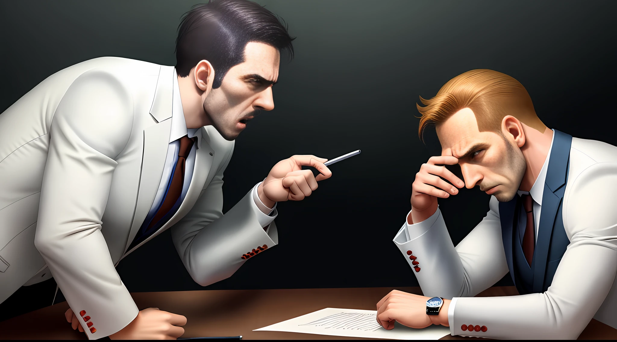 are two men in suits one is pointing at the other, emotional conflict, dramatic situation, complaints