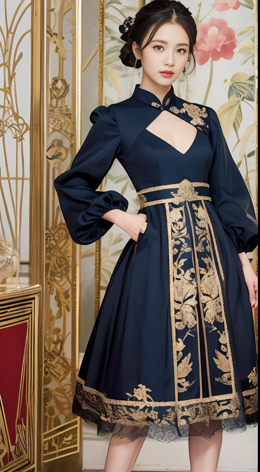 A dress with a chinoiserie style with lace elements at the neckline and cuffs of the dress with a traditional moire pattern with details such as pleats, embroidery, beads, silk, crepe, knee-length or length, and bows or flowers at the waist or neckline