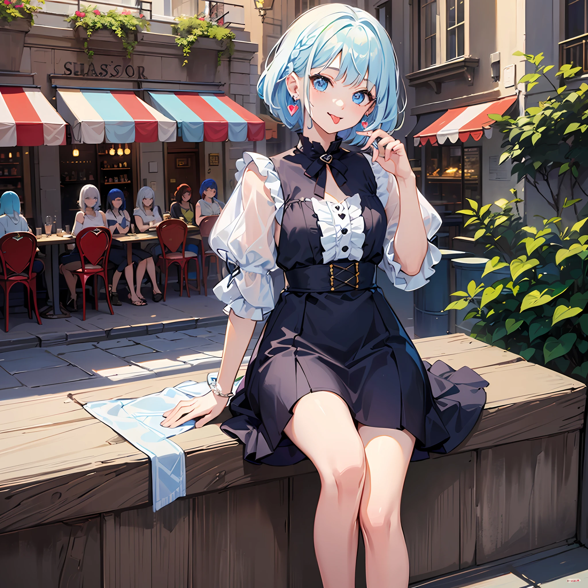 (((Masterpiece)))), (((Best Quality))), Hi-Res, On Thighs, Sitting, (Cute One Girl))), Solo, White Skin, Small, Eight-headed, (Light Blue Hair), ((Short Hair)), (Straight Bangs)), Beautiful Hair, Blue Eyes, Beautiful Eyes in Detail, (((Tongue)), Red Face, Heart, Summer Clothes, Ruffles, Earrings, Outdoor, Cafe Terrace, Shadow Lighting,