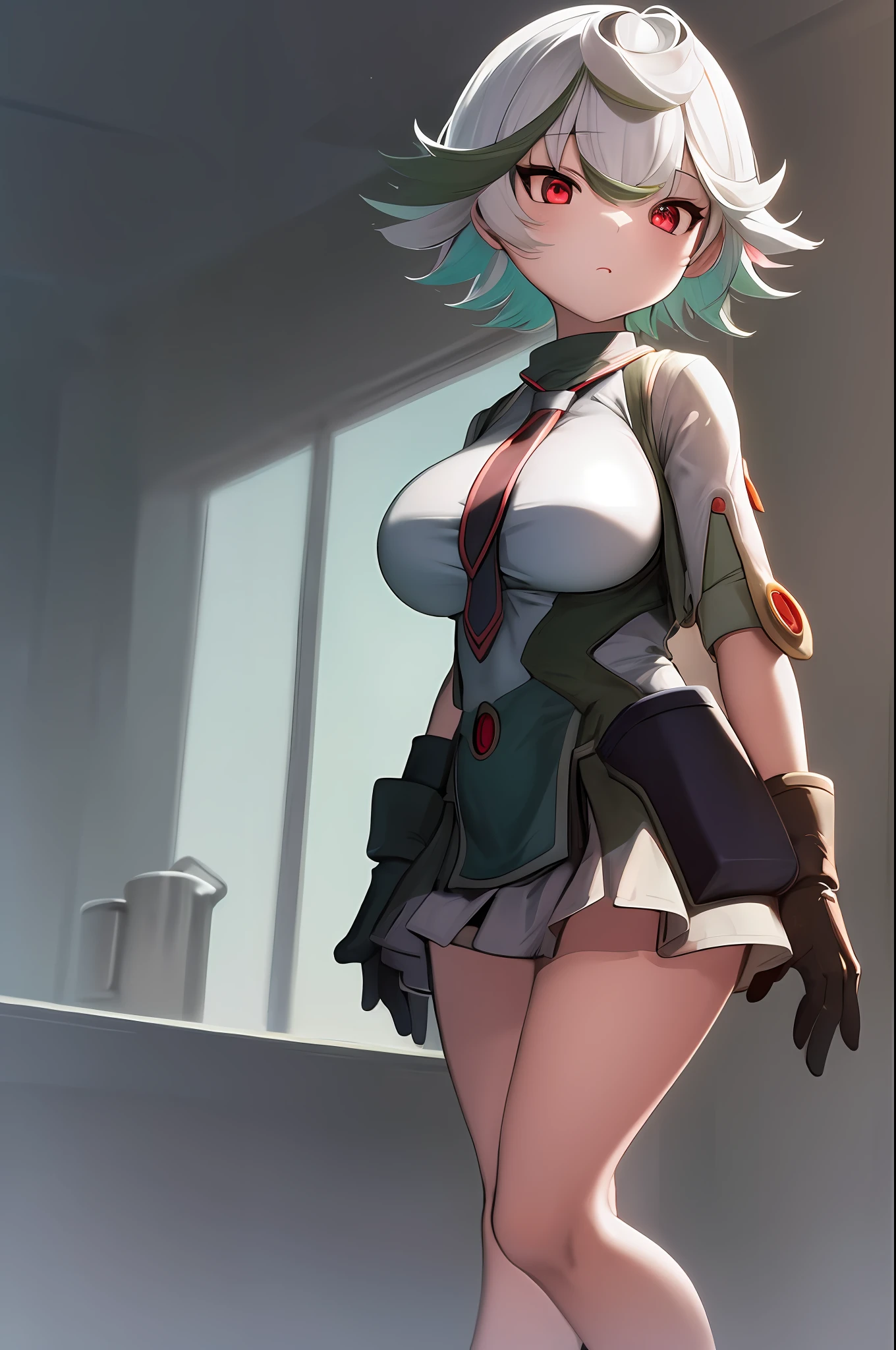 1girl, prushka, short hair, multicolored hair, red eyes, large breasts, short skirt, gloves, tie, standing, sexy,ecchi,4k