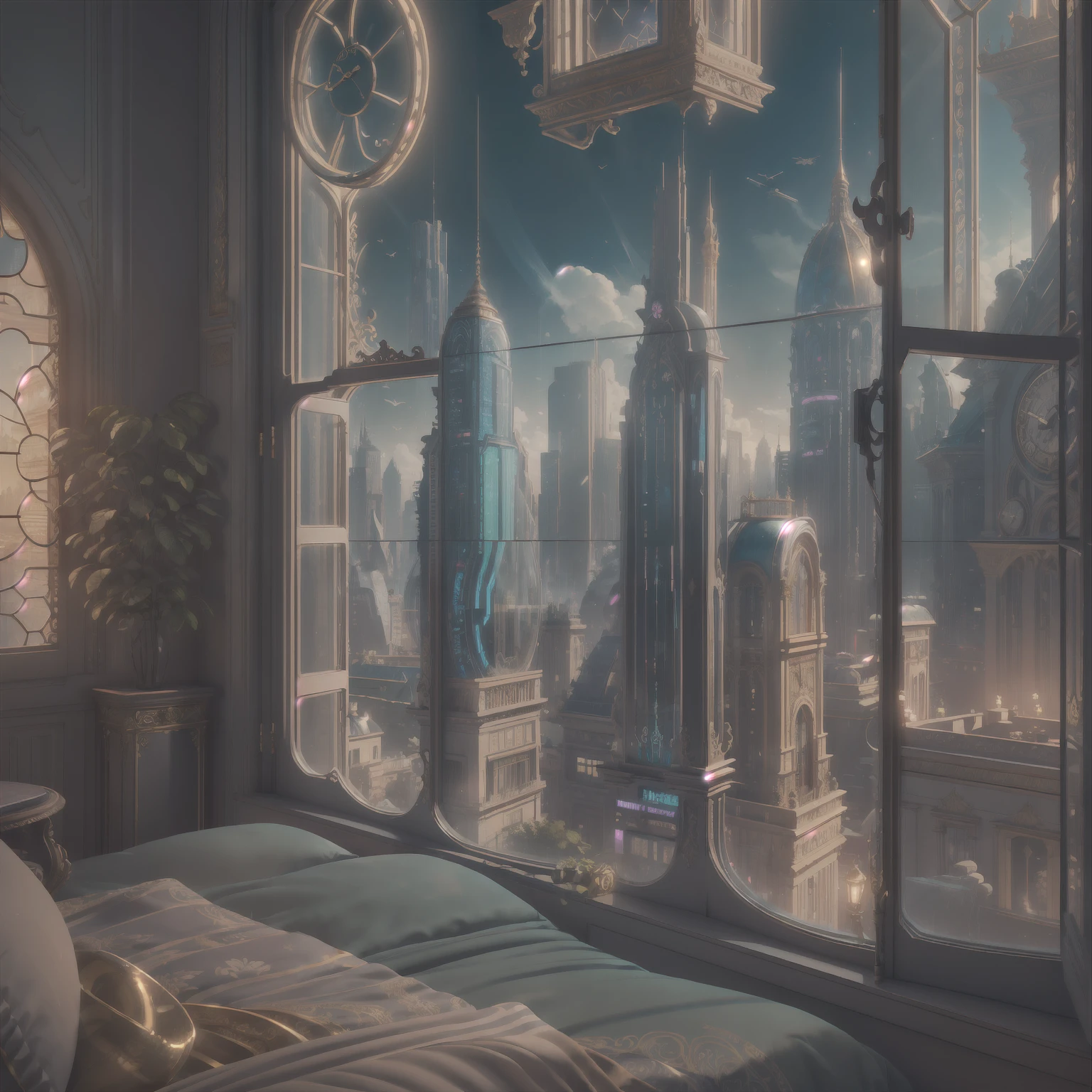 (((Generate an ornate bedroom in the style of Versailles with a big historical window.))) A hyperrealistic cyberpunk dreamscape cityscape is in the window. The cityscape is extremely detailed with many lights and LED neon colors and buildings of many different sizes. The cityscape has all colors of the rainbow and has hires interesting flying steampunk dirigibles. A giant steampunk standalone clock is seen ((through the window)). (((It is peaceful in the bedroom.))) The entire artwork is very realistic with many small details and enhancements. 3D render beeple, artstation and beeple highly, in fantasy sci-fi city, inspired by beeple, 8k, unreal engine unity CGI. Masterpiece and popular. Add many fantastical and beautiful details and nuances.