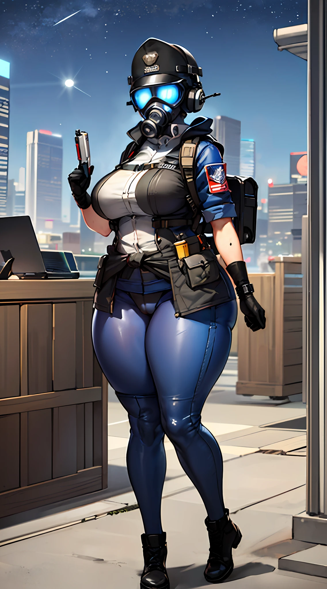 solo, 1girl, gas mask, bullet proof vest, black bodysuit, shoulder armor, black helmet, combat boots, blue urban camo, blue camo, cameltoe, science fiction, petite, wide hips, thick thighs, curvy, armband, leg armor, military, sexy tight clothes, glowing eyes,  large breasts, ass, bike shorts, city, skyscraper, tower, military, police, wrench, jacket around waist, mechanic, mechanic girl, vehicle, apc, combine soldier, truck, humvee, waist coat, abs, sweat, night, stars, moon, (blue glowing eyes), shoulder light, flashlight, chest rig, holster, pistol holster, belt, submachine gun, vector smg, metal crates, military crates, ammo box, laptop, laptop on table, grenade belt, backpack, radio on shoulder, headset, patrol cap, hoodie down, city night,