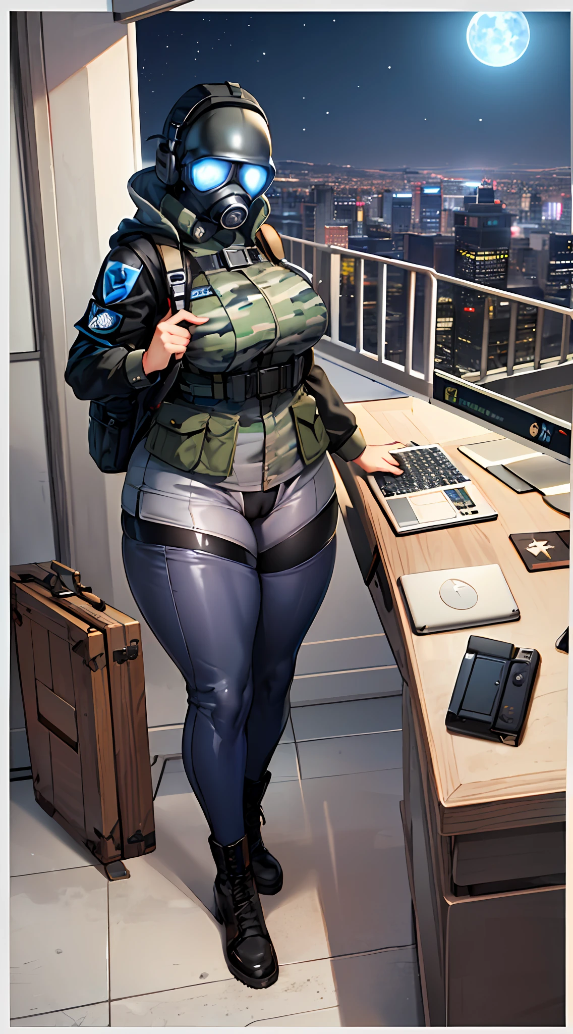 solo, 1girl, gas mask, bullet proof vest, black bodysuit, shoulder armor, black helmet, combat boots, blue urban camo, blue camo, cameltoe, science fiction, petite, wide hips, thick thighs, curvy, armband, leg armor, military, sexy tight clothes, glowing eyes,  large breasts, ass, bike shorts, city, skyscraper, tower, military, police, wrench, jacket around waist, mechanic, mechanic girl, vehicle, apc, combine soldier, truck, humvee, waist coat, abs, sweat, night, stars, moon, (blue glowing eyes), shoulder light, flashlight, chest rig, holster, pistol holster, belt, submachine gun, vector smg, metal crates, military crates, ammo box, laptop, laptop on table, grenade belt, backpack, radio on shoulder, headset, patrol cap, hoodie down, city night,