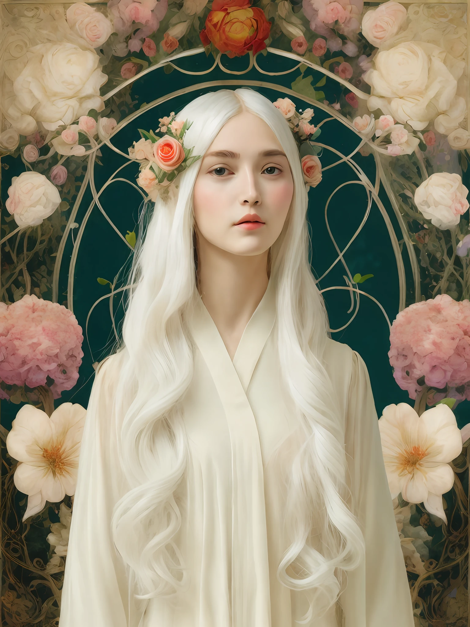 a woman with long white hair and flowers in her hair is standing in front of a floral background by Alphonse Mucha