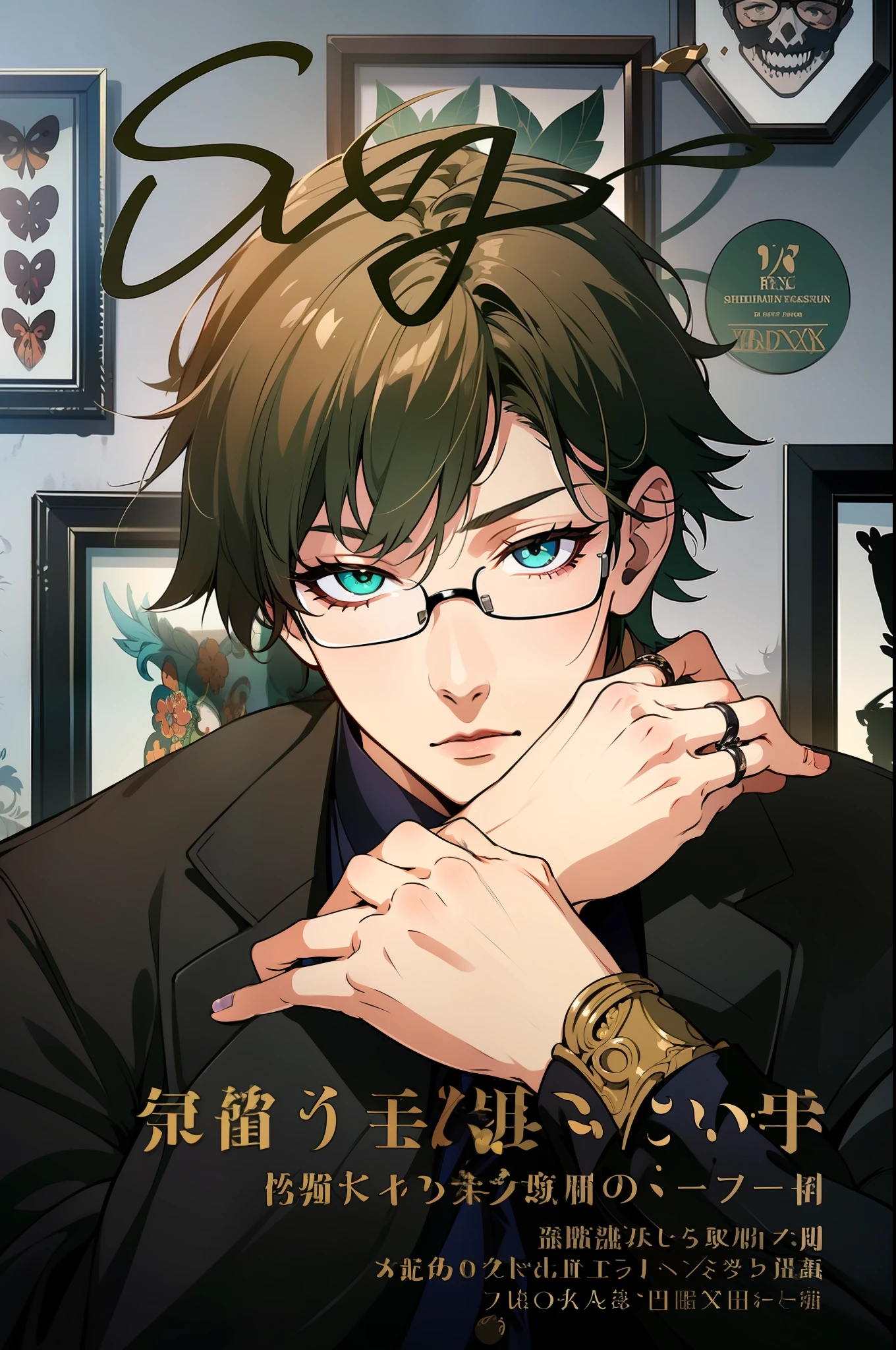 ((((Nerd_sexy_boy)))), (((1boy))), ((toned)), male focus, masterpiece, high quality, (masterpiece:1.2), (best quality:1.2), shiny, realistic, ornate, intricate, ((brown hair)), (short hair), green eyes , hair between eyes, hair_stick, hot_girl, elegant_clothes, ring, solo, hair_ornament, hair_pin, elegant, looking_at_viewer, holding_fan, red_eyeliner, FH , looking at the viewer , pupils constricted, (shadows cast over the face:1.3), dark room, shadow room, sexy expression, (upper body)