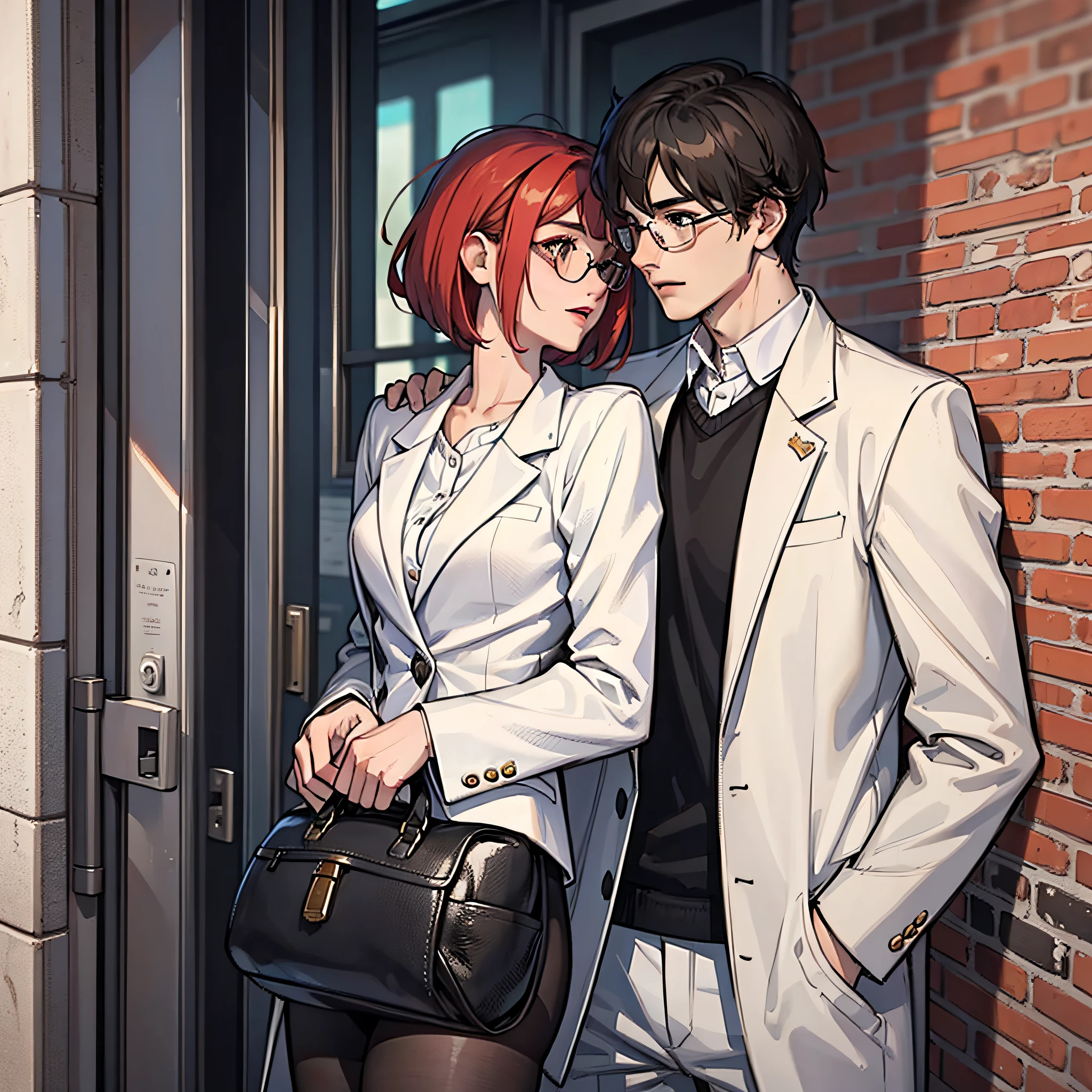 A young man in a white suit, wearing glasses, at the entrance of the prison, holding a woman in black clothes with short red hair, high resolution, 4K