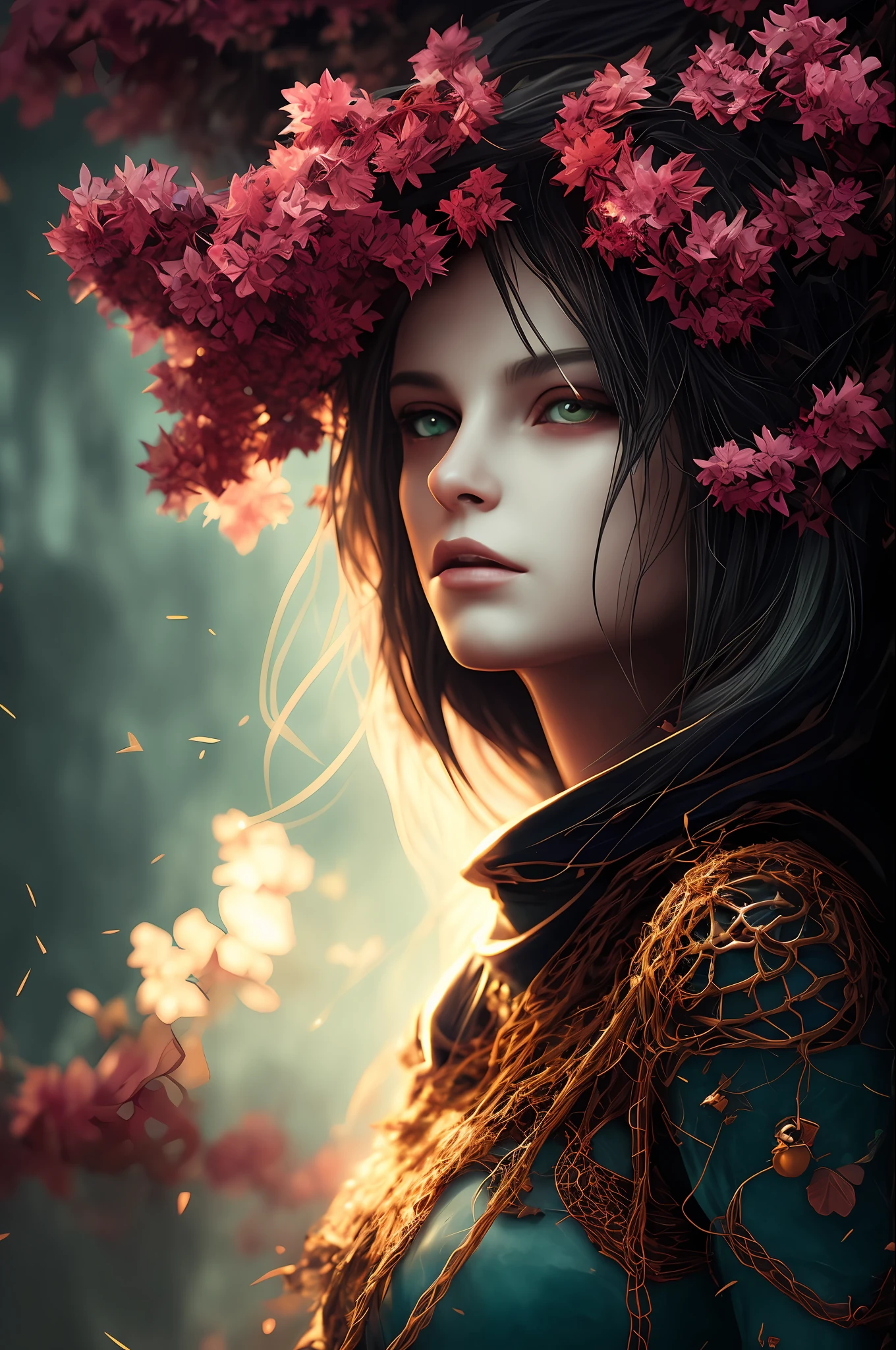 Imagine that the skin of this creature girl looks like it was made of a fishing net, with leaves and flowers growing on her body. Digital Epic Fantasy, Symmetrical Concept Art, Sinister Fantasy Illustration, Symmetrical Epic Fantasy Art, Epic Fantasy Science Fiction Illustration, Epic Fantasy Art Style, Epic Anime Art, Symmetrical Fantasy RPG Portrait, Anton Fadeev and Dan Mumford, (Masterpiece, Top Quality, Best Quality, Official Art, Beauty and Aesthetics: 1.2), Extreme Detail, (Fractal Art: 1.3), Colorful, Most Detailed, Full Body Pose, Cute Surrealist Photo, 8 K, Octane Beautifully Rendered, Very detailed, intricate, epic composition, cinematic lighting, masterpiece, art station trend, very, very detailed, stunning, HDR, smooth, sharp focus, high resolution, award-winning, award-winning photo, DSLR, 5 0 mm