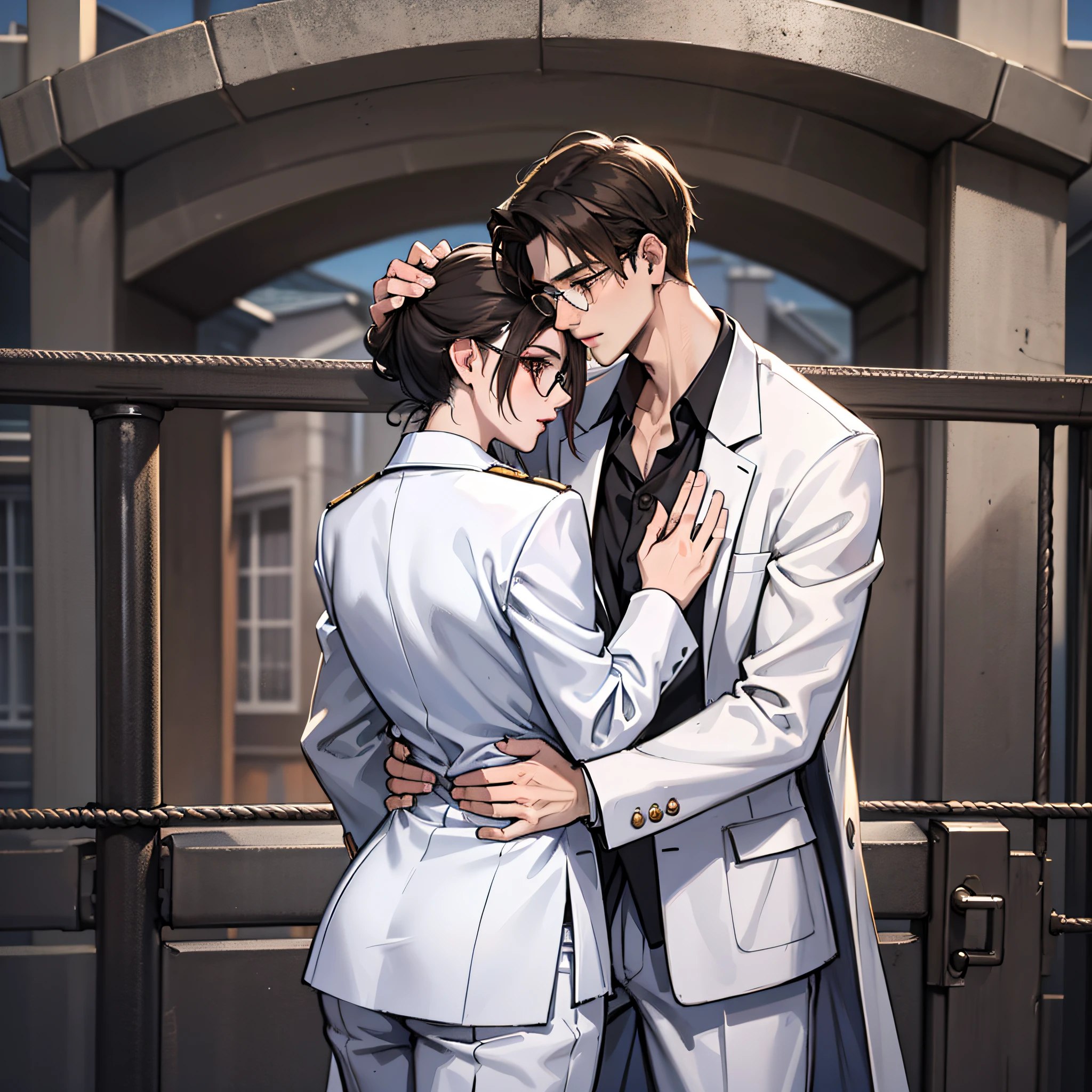 A young man in a white suit, with glasses, at the prison gate, with his arms around a woman, high resolution, 4K