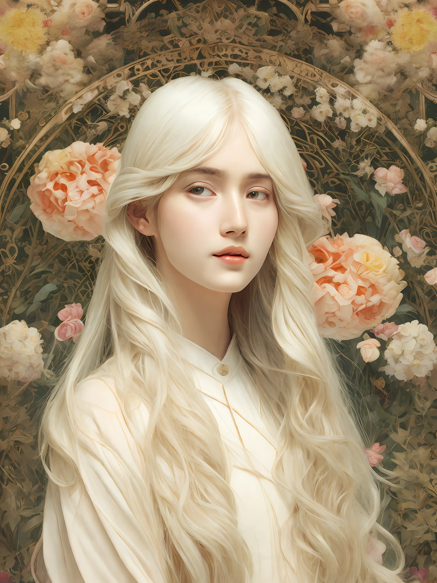 A close up of a woman with long white hair and flowers - SeaArt AI