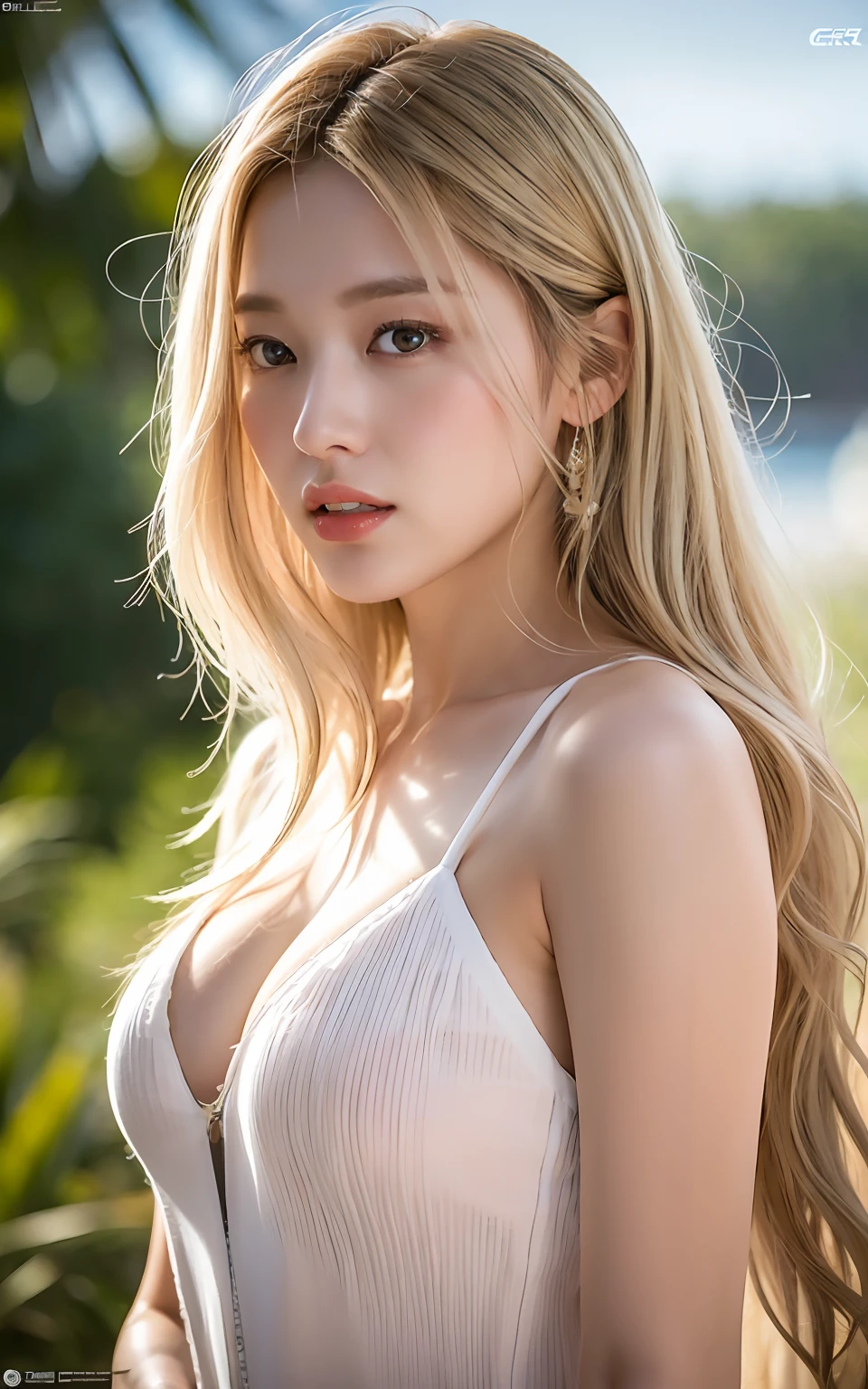 Highly detailed CG Unity 8k wallpaper, top quality, super detailed, masterpiece, realistic, photo-realistic, very detailed cute girl, 25 years old, (blonde hair: 1.4)), ((dyed blonde)), (gal), round eyes, viewer, blush, parted lips, (semi-body shot),
White dress, beach