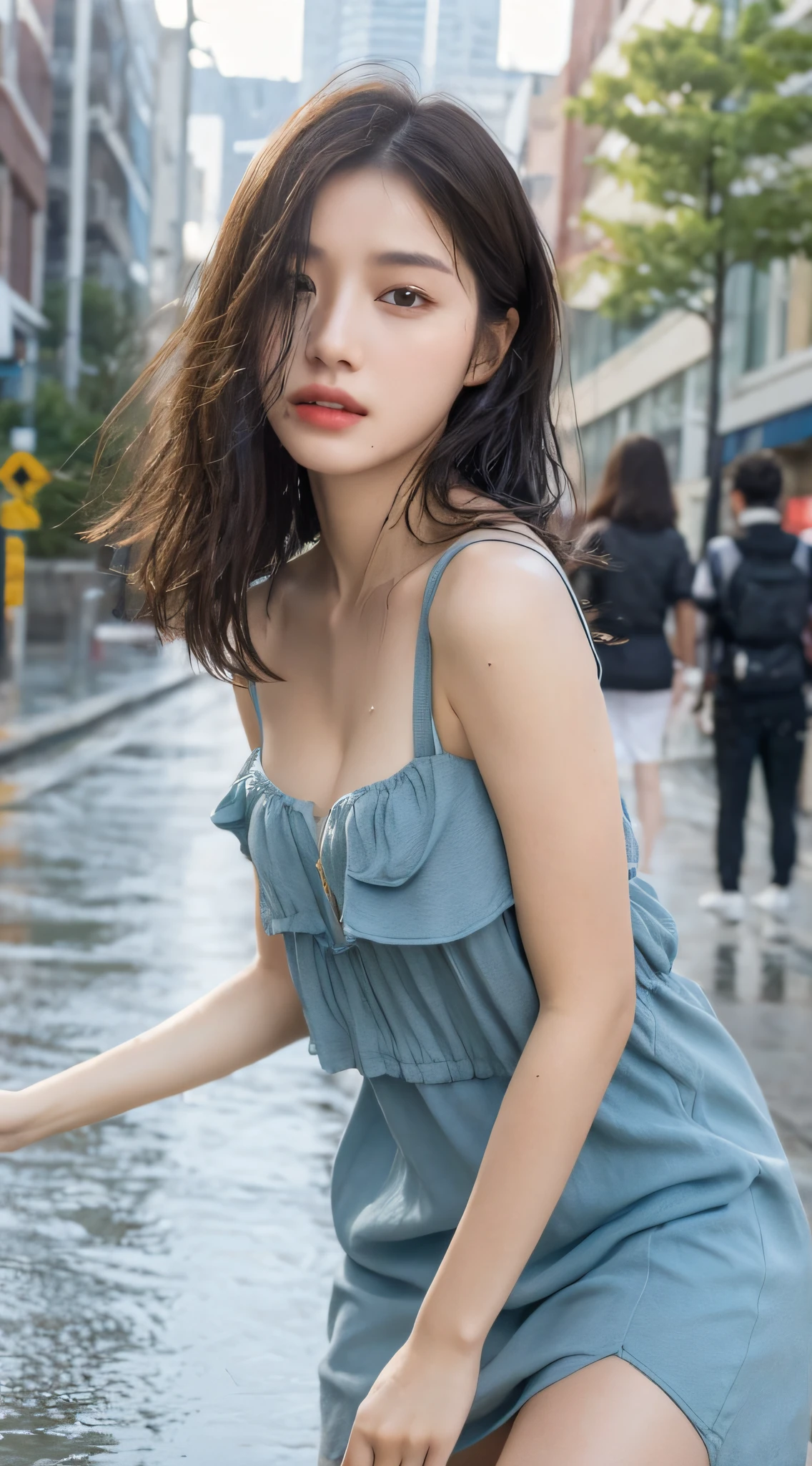 ((Best Quality, 8K, Masterpiece:1.3)), Focus: 1.2, Perfect Body Beauty: 1.4, Buttocks: 1.2, ((Layered Haircut, Breasts: 1.2)), (Wet Clothes: 1.1) , (Rain, Street:1.3), Bandeau Dress: 1.1, Highly Detailed Face and Skin Texture, Delicate Eyes, Double Eyelids, Whitened Skin, Long Hair