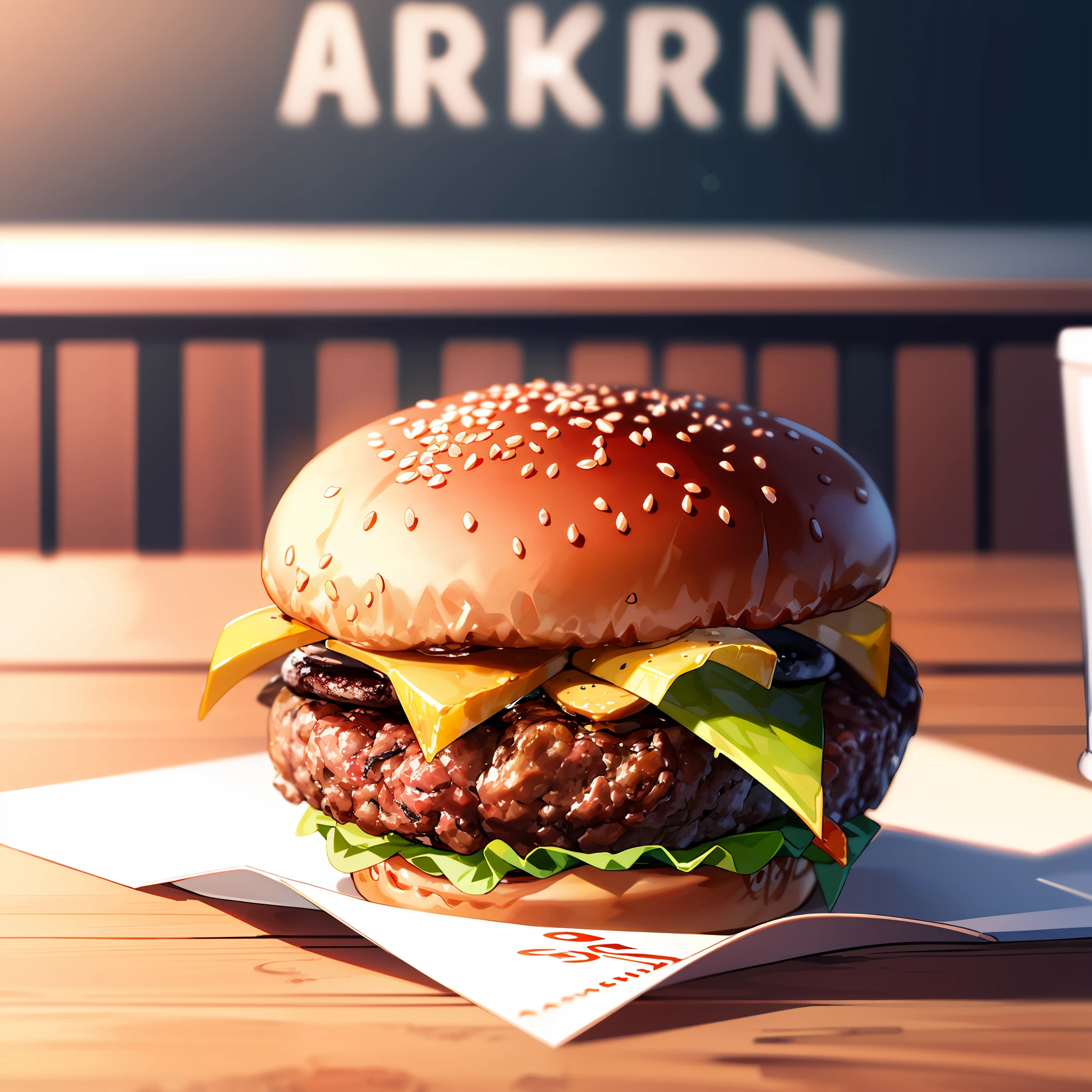 Ultra-realistic burger on the table of an 8K diner, sunlight streaming in through a smoky glass window