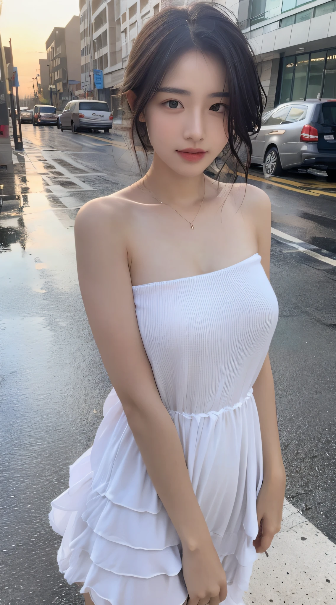 ((Best Quality, 8K, Masterpiece:1.3)), Focus: 1.2, Perfect Body Beauty: 1.4, Buttocks: 1.2, ((Layered Haircut, Breasts: 1.2)), (Wet Clothes: 1.1) , (Rain, Street:1.3), Bandeau Dress: 1.1, Highly Detailed Face and Skin Texture, Delicate Eyes, Double Eyelids, Whitened Skin, Long Hair