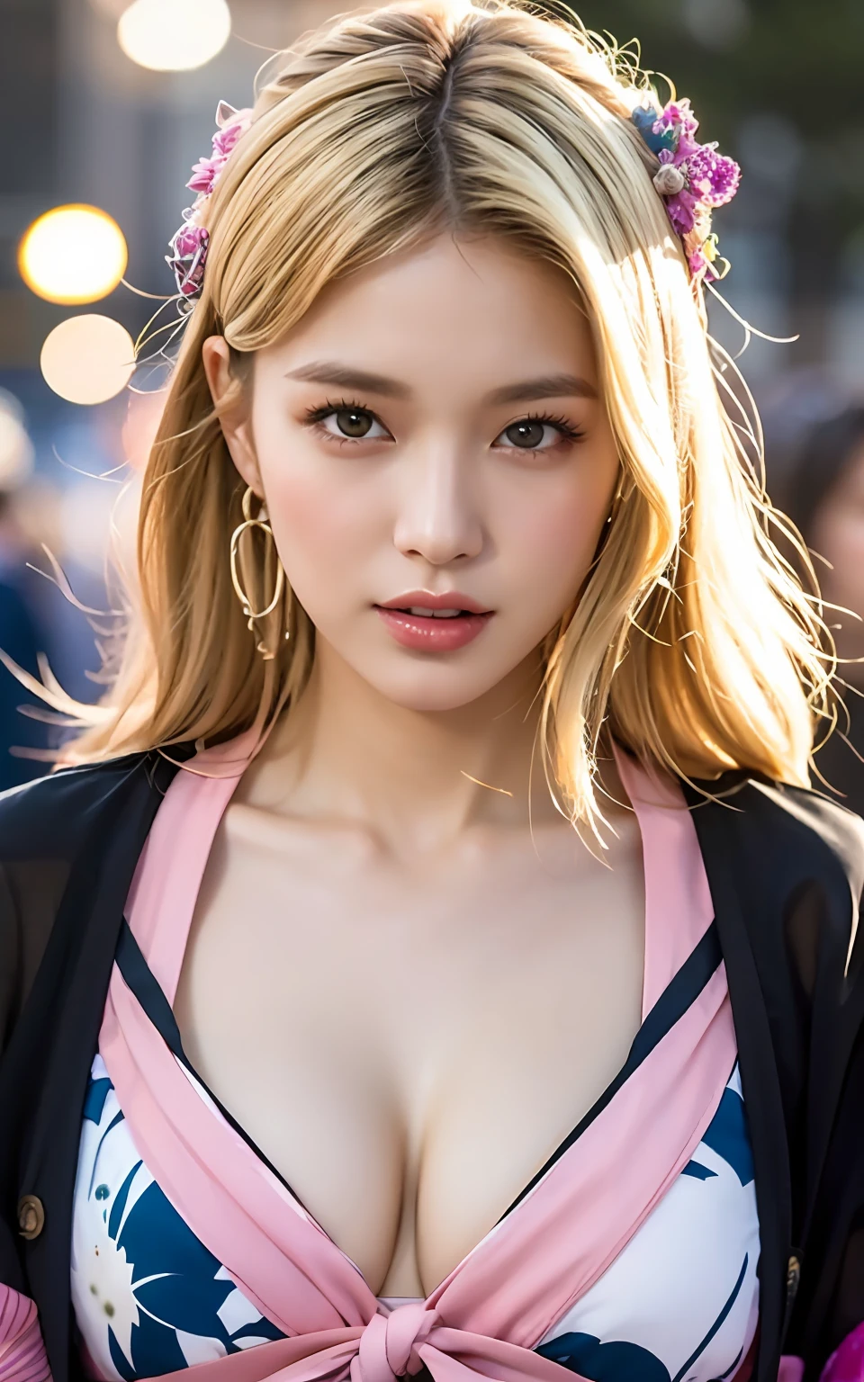Highly detailed CG Unity 8k wallpaper, top quality, super detailed, masterpiece, realistic, photo-realistic, very detailed cute girl, 25 years old, (blonde hair: 1.4)), ((dyed blonde)), (gal), round eyes, viewer, blush, parted lips, (semi-body shot),
Yukata, Festival,