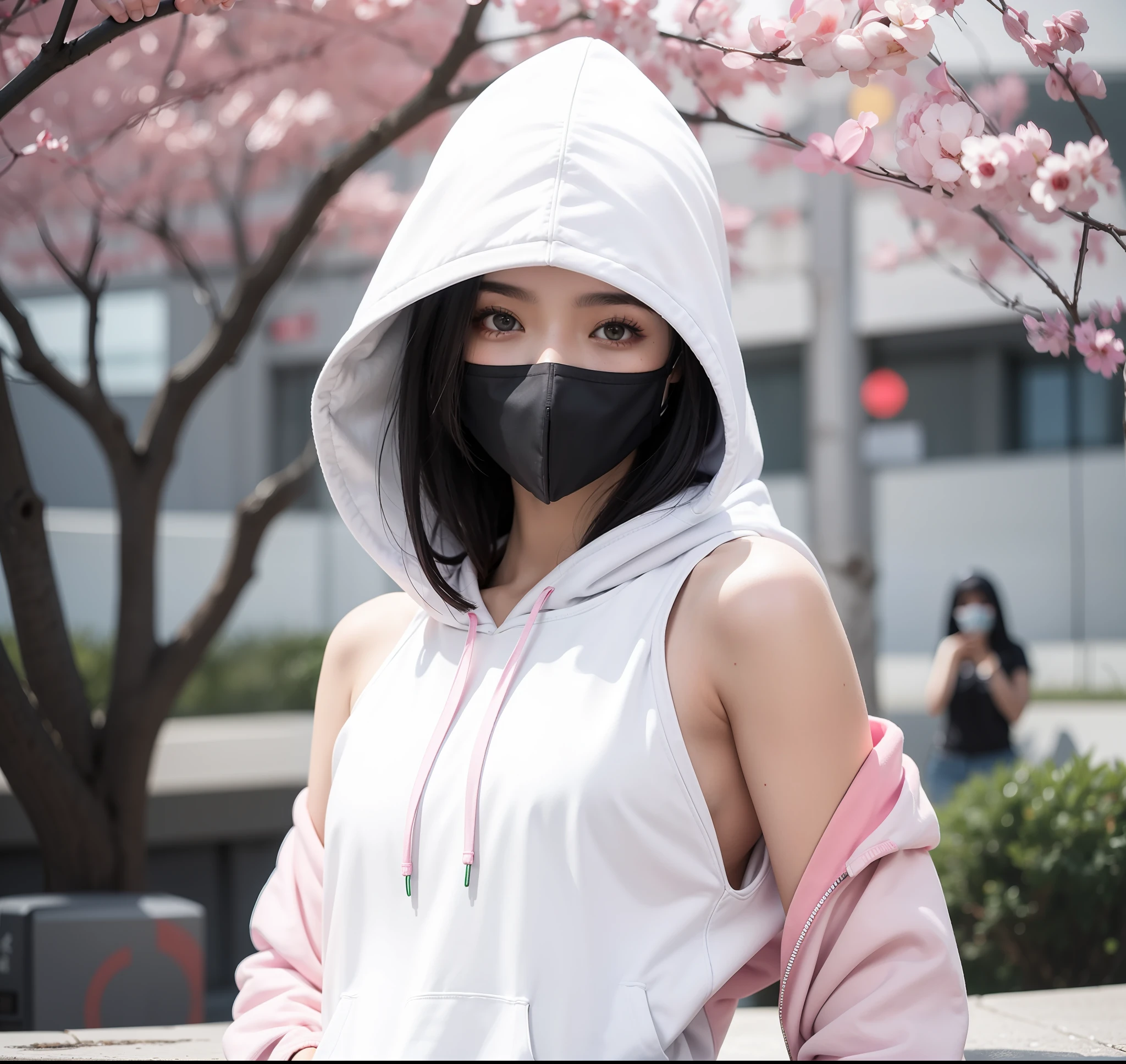 arafed woman wearing a mask and a hoodie standing in front of a tree, cyberpunk anime girl in hoodie, akali, akali from league of legends, girl wearing hoodie, photograph of a techwear woman, pokimane, portrait ninja gaiden girl, wearing japanese techwear, anime girl in real life, black haired girl wearing hoodie