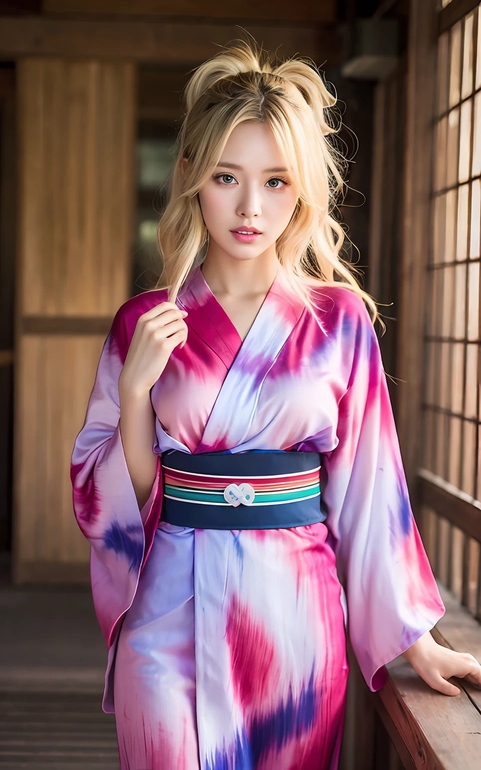 Highly detailed CG Unity 8k wallpaper, top quality, super detailed, masterpiece, realistic, photo-realistic, very detailed cute girl, 25 years old, (blonde hair: 1.4)), ((dyed blonde)), (gal), round eyes, viewer, blush, parted lips, (semi-body shot),
yukata, festival, night, valley