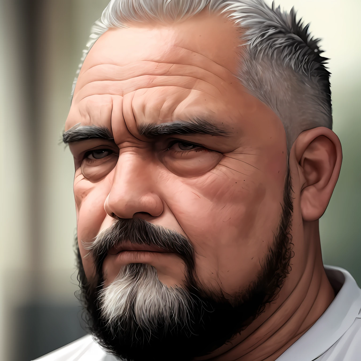 Light brunette man of 40 years, white hair, marks of acne and psoriasis on the cheeks, deep expression marks on the forehead, overweight, reddened and round face, tired and sad appearance, wearing old clothes, with slightly indigenous features, beard to do, and bald with almost completely shaved hair --auto